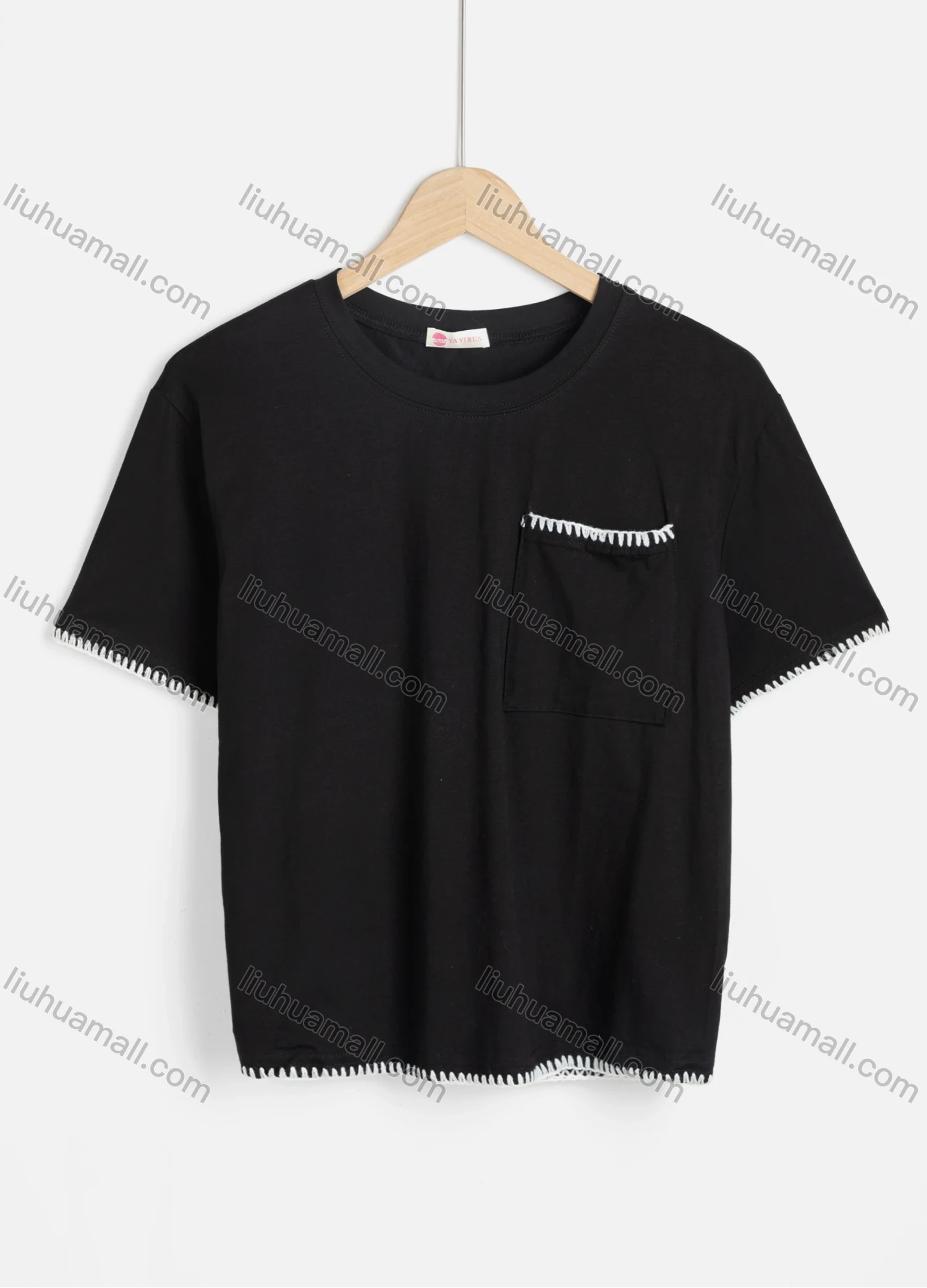 Wholesale Women's Casual Plain Short Sleeve Crew Neck Stitch Trim Patch Pocket Tee 2087# - Liuhuamall