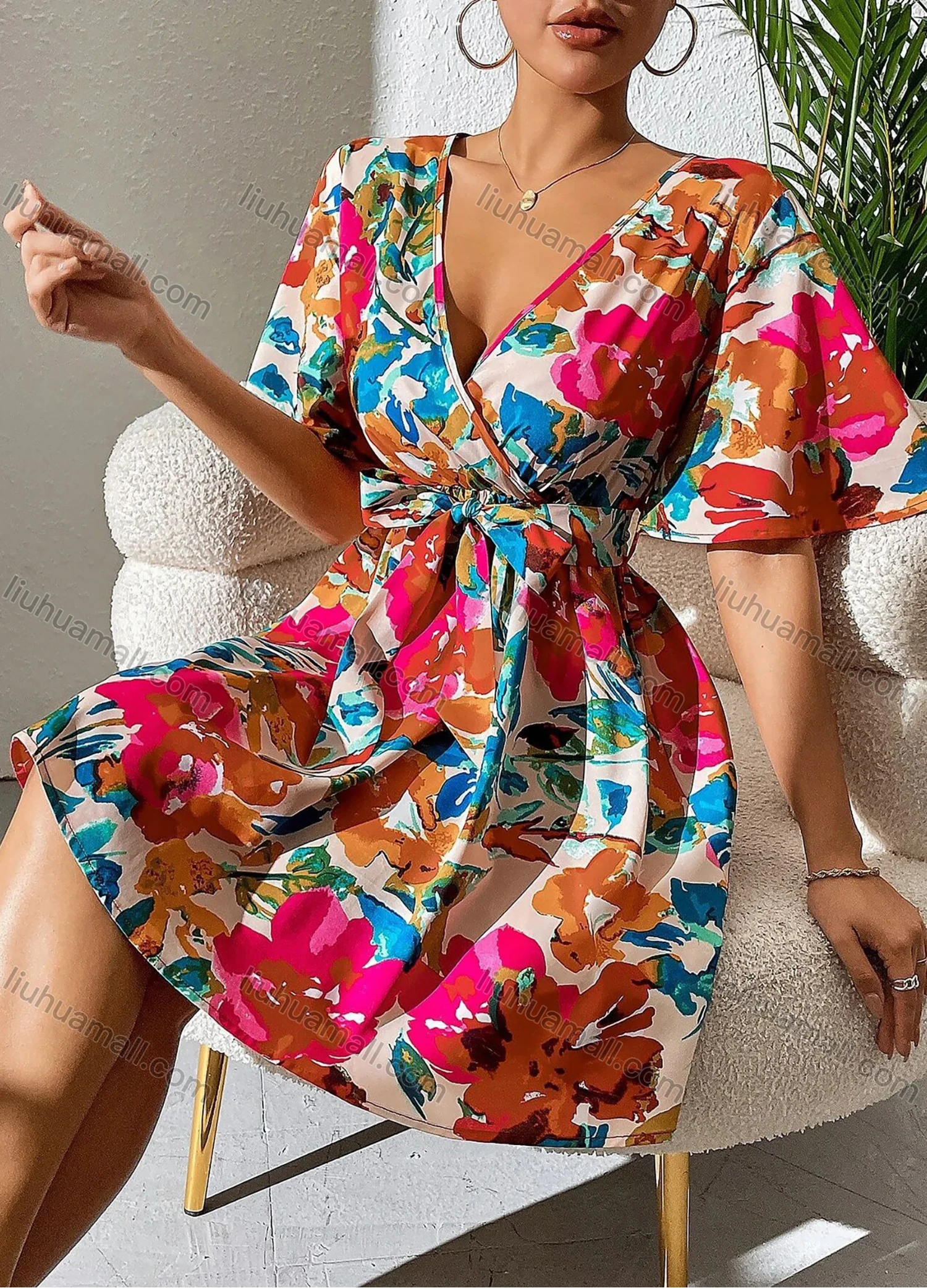 Wholesale Women's Summer Elegant Wrap V Neck Floral Print Short Sleeve Ruched Short Dress With Belt - Liuhuamall