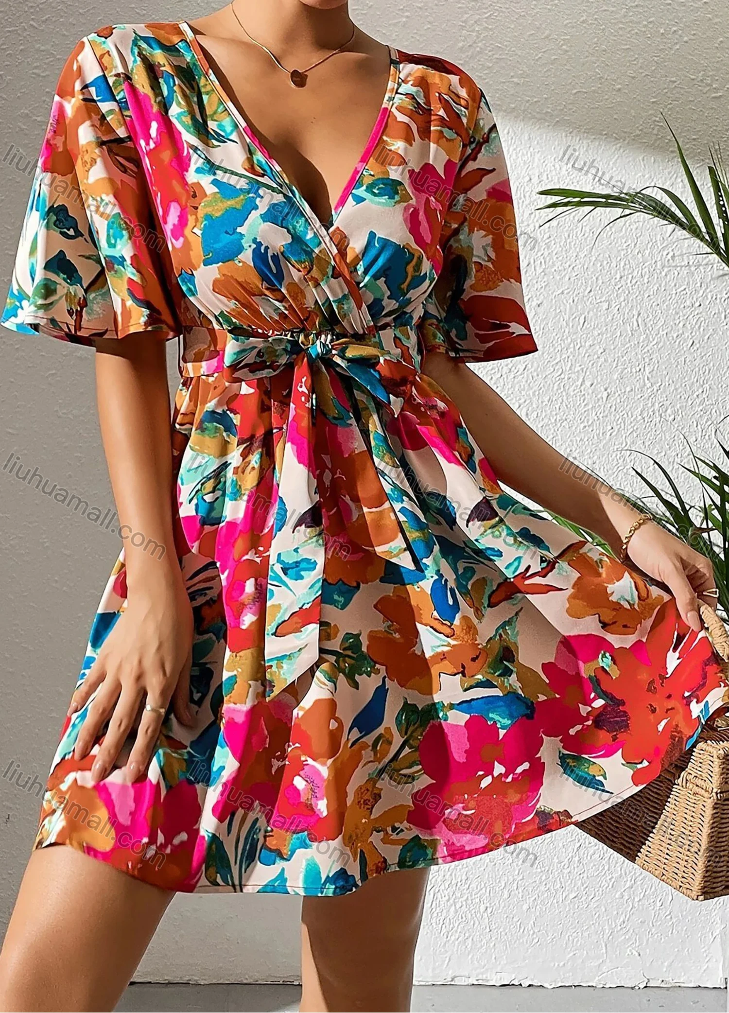 Wholesale Women's Summer Elegant Wrap V Neck Floral Print Short Sleeve Ruched Short Dress With Belt - Liuhuamall