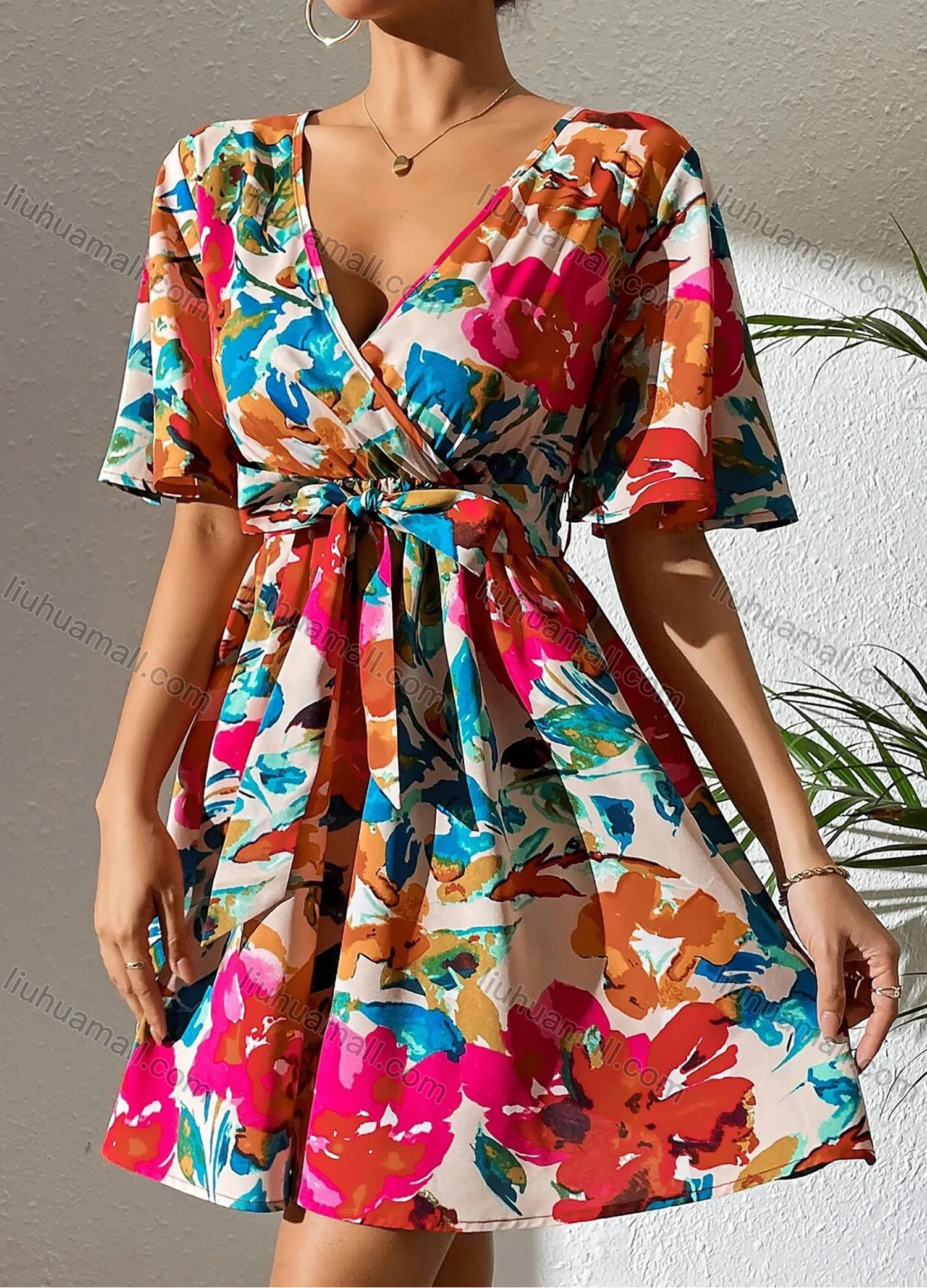 Wholesale Women's Summer Elegant Wrap V Neck Floral Print Short Sleeve Ruched Short Dress With Belt - Liuhuamall