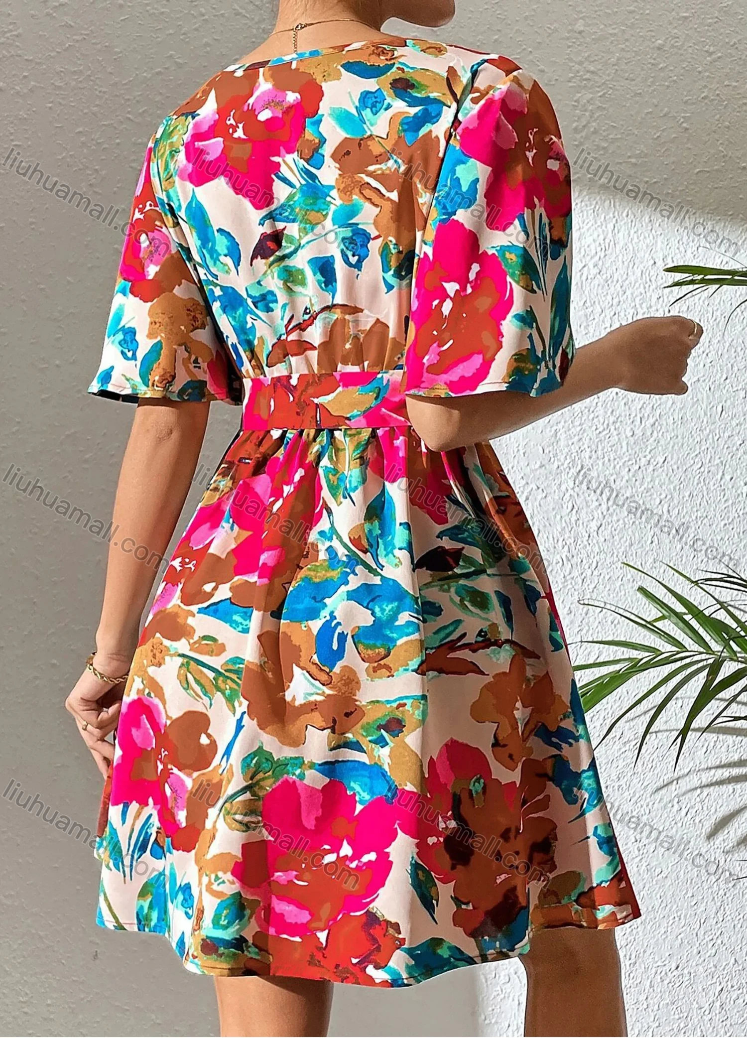 Wholesale Women's Summer Elegant Wrap V Neck Floral Print Short Sleeve Ruched Short Dress With Belt - Liuhuamall