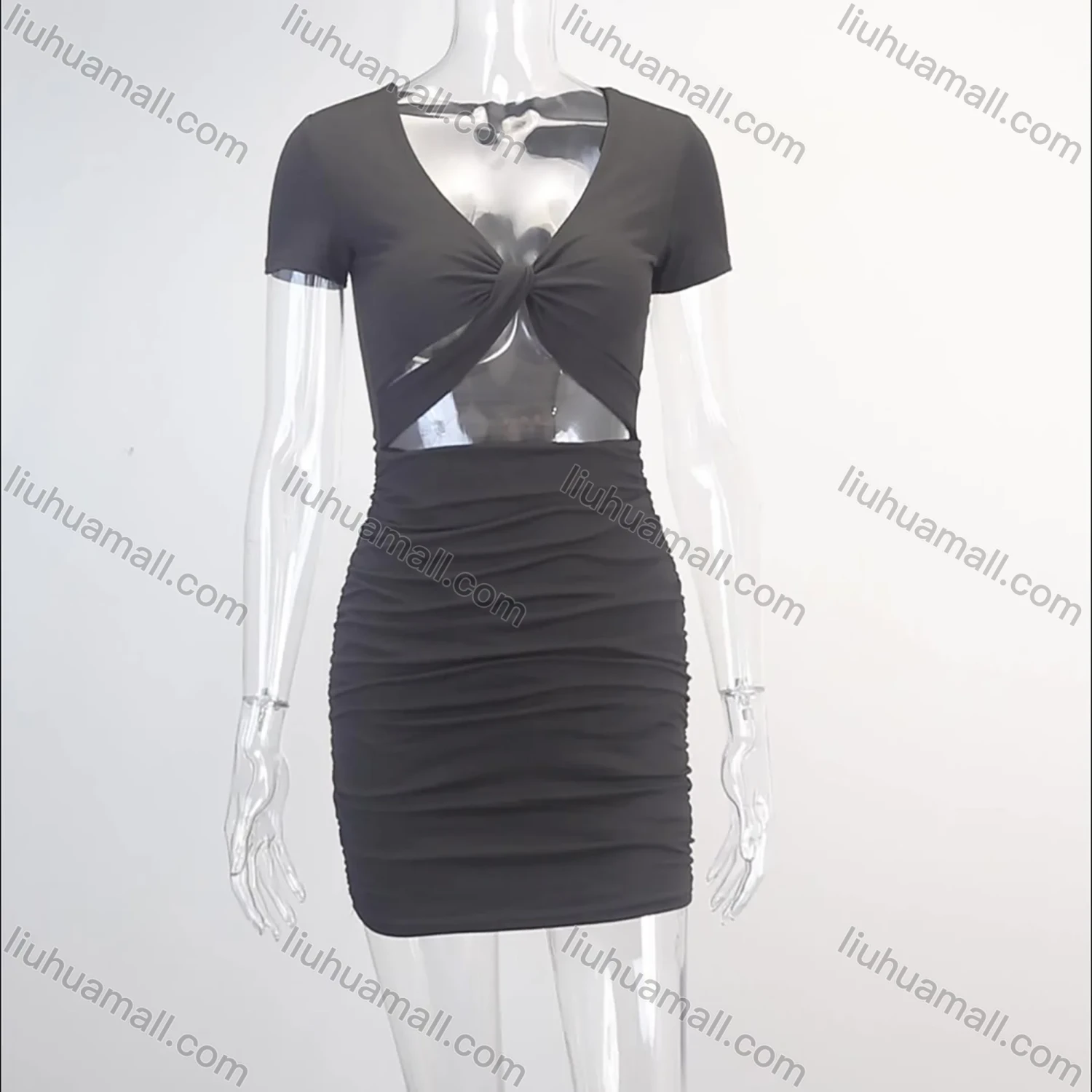 Wholesale Women's Sexy Plain Deep V Neck Short Sleeve Twist Front Cutout Ruched Mini Dress - Liuhuamall
