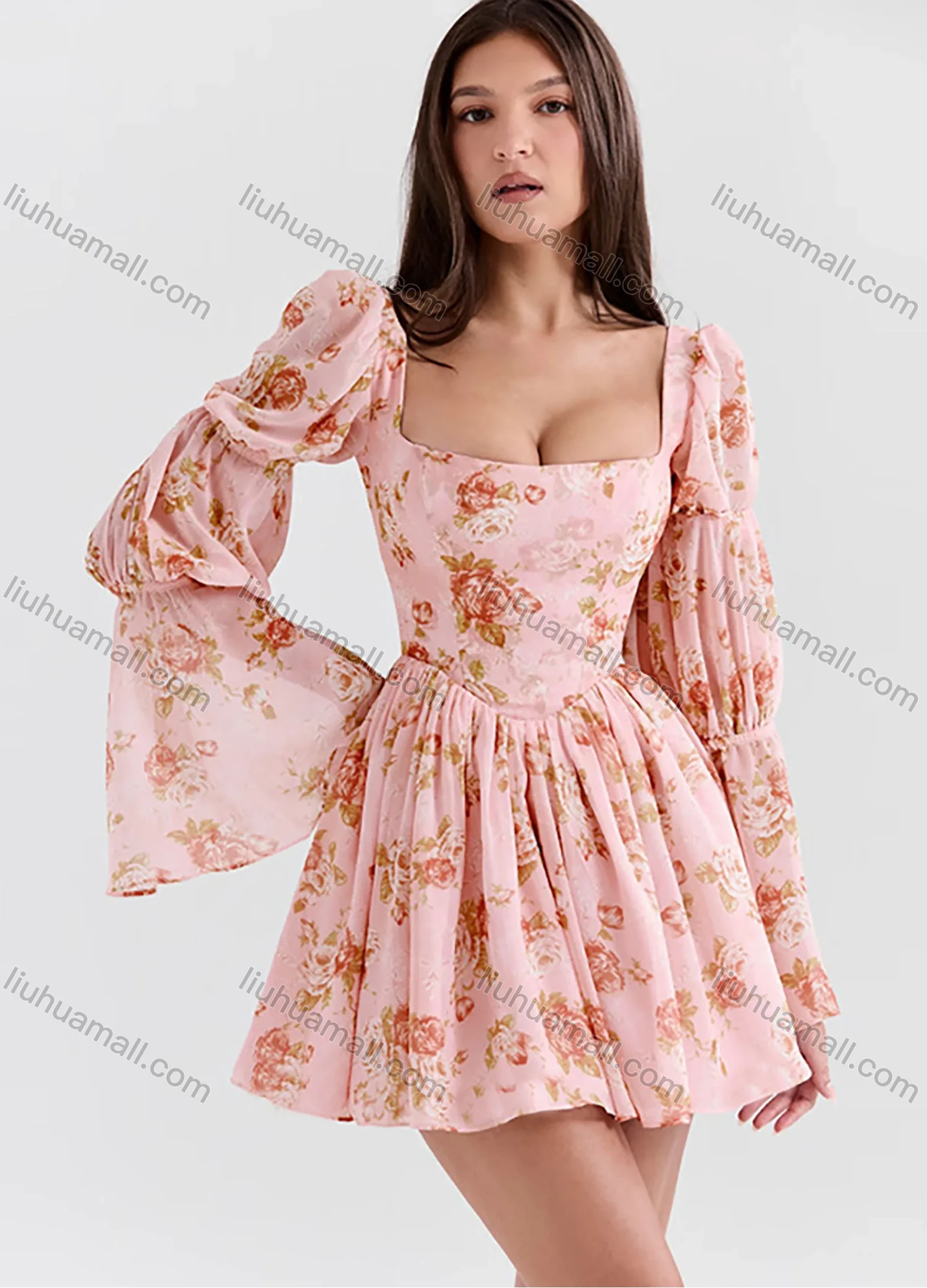 Wholesale Women's Sexy Floral Print Square Neck Low Cut Corset Long Sleeve Ruched Peplum Mini Dress - Liuhuamall