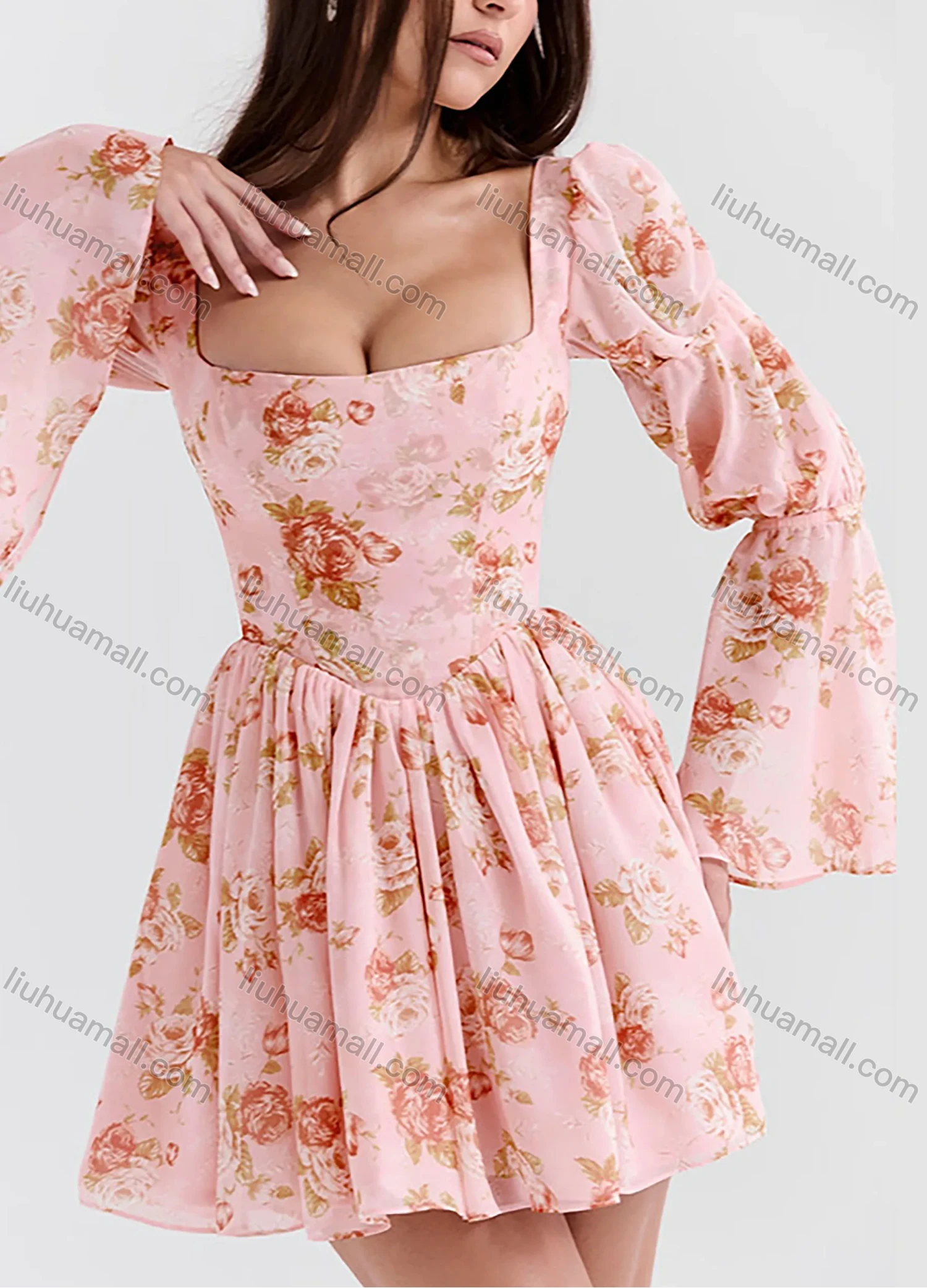 Wholesale Women's Sexy Floral Print Square Neck Low Cut Corset Long Sleeve Ruched Peplum Mini Dress - Liuhuamall