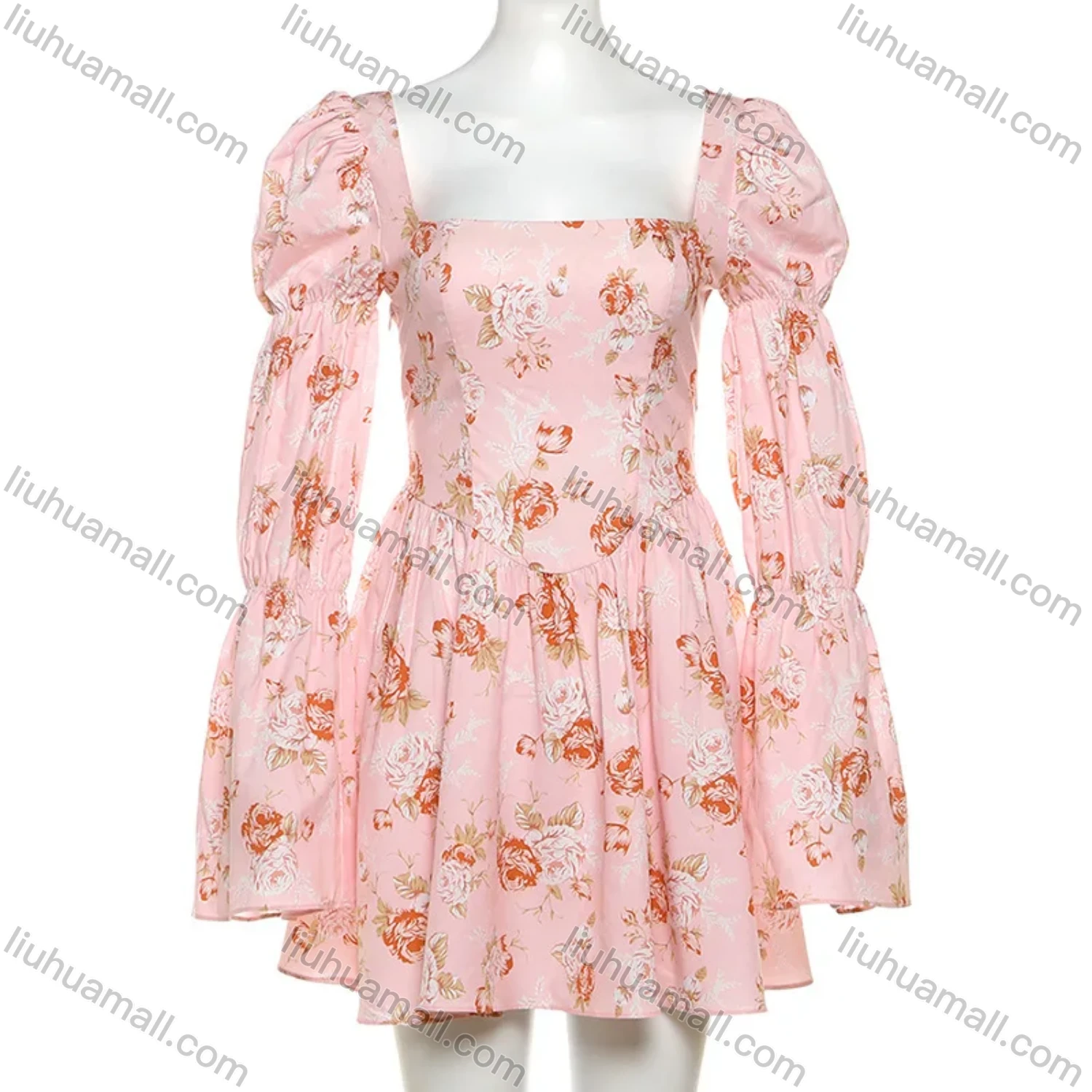 Wholesale Women's Sexy Floral Print Square Neck Low Cut Corset Long Sleeve Ruched Peplum Mini Dress - Liuhuamall