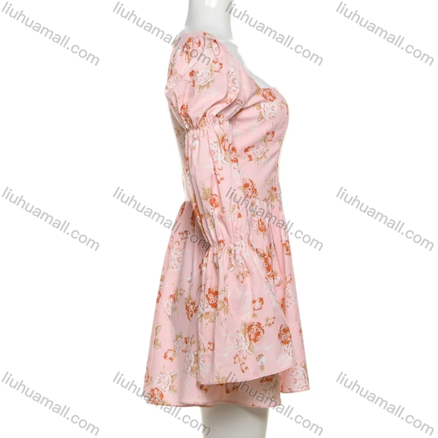 Wholesale Women's Sexy Floral Print Square Neck Low Cut Corset Long Sleeve Ruched Peplum Mini Dress - Liuhuamall