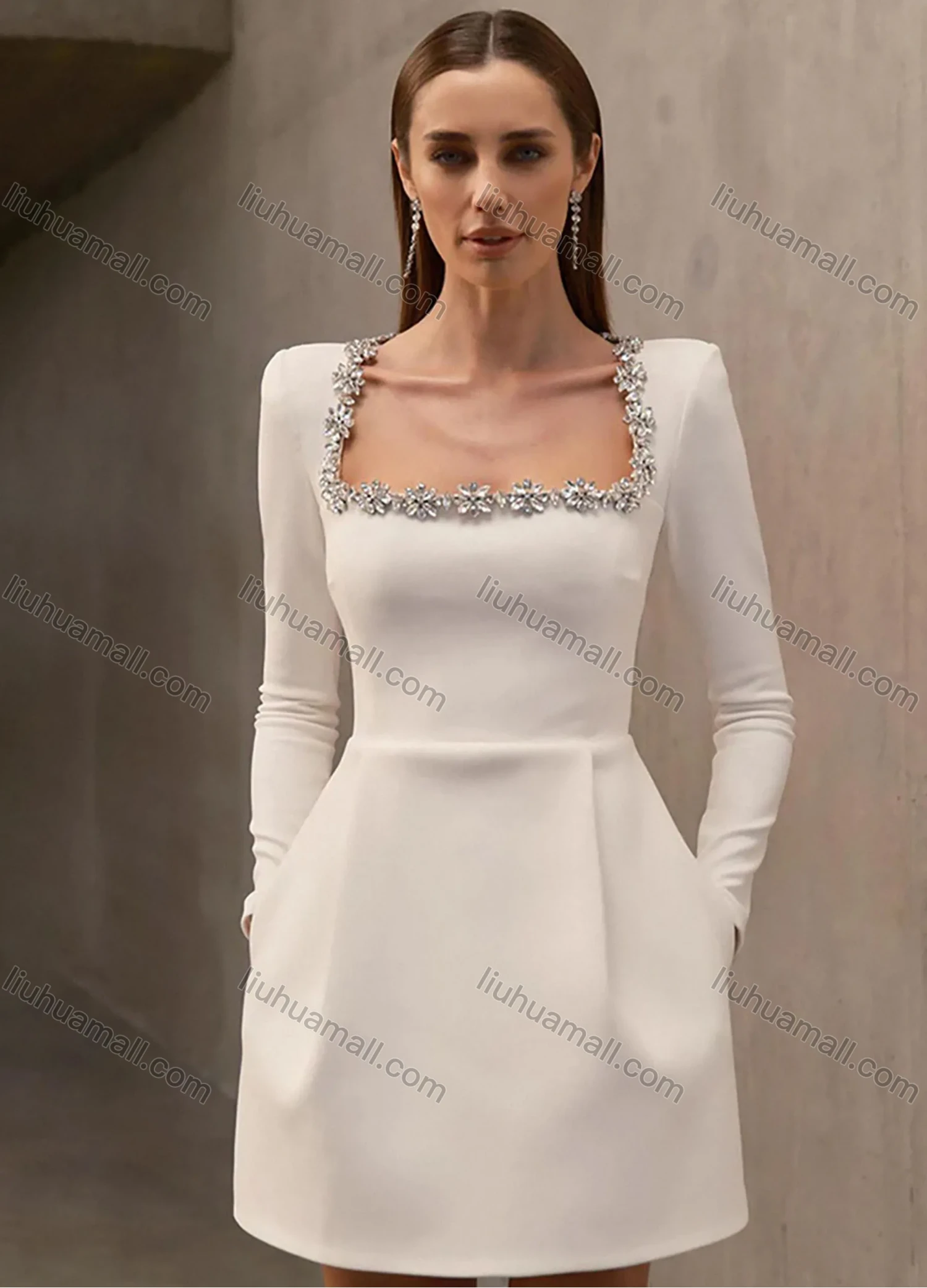 Wholesale Women's Elegant Plain Square Neck Sparkly Rhinestone Pleated Long Sleeve Cocktail Mini Dress - Liuhuamall