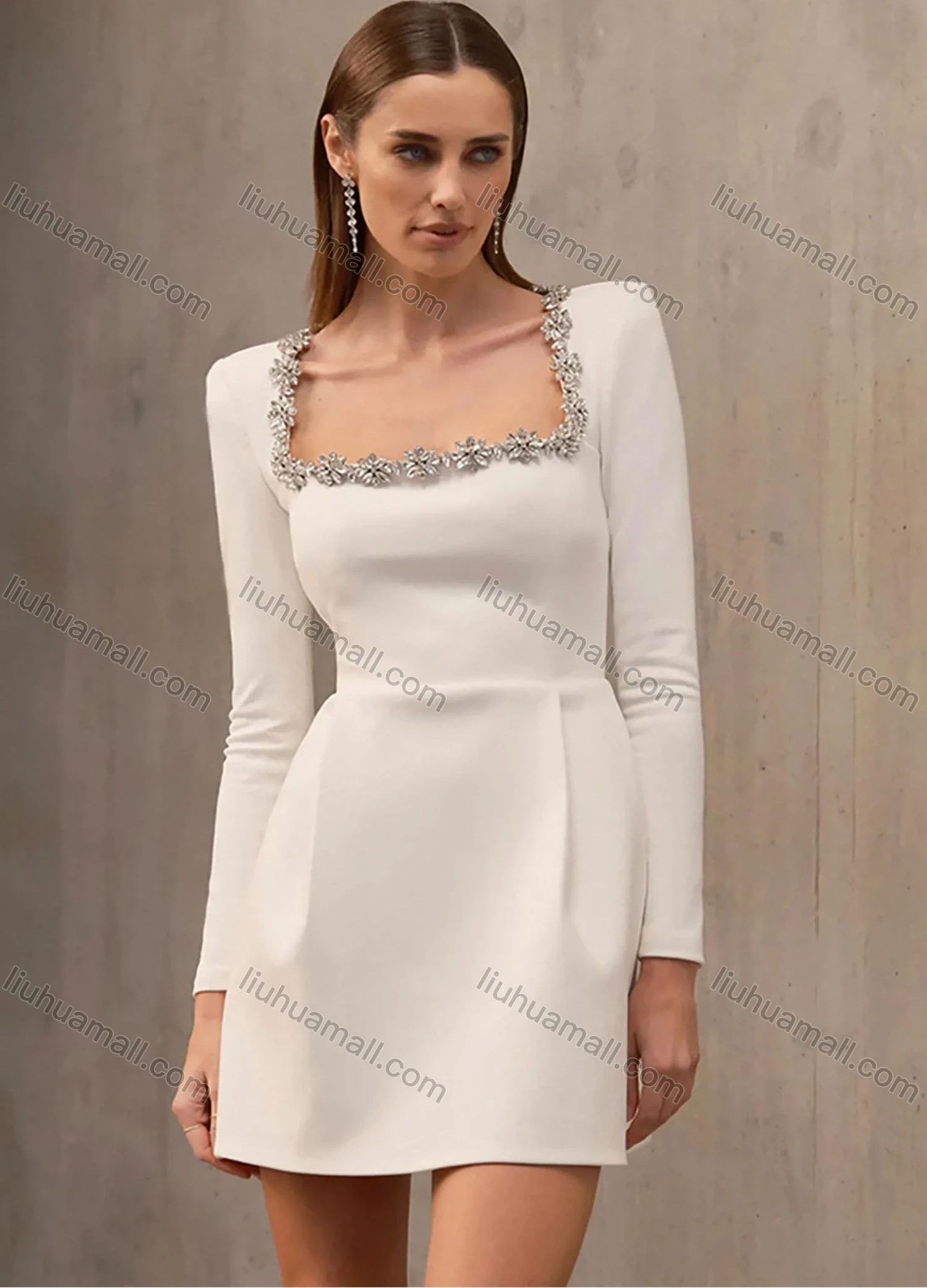 Wholesale Women's Elegant Plain Square Neck Sparkly Rhinestone Pleated Long Sleeve Cocktail Mini Dress - Liuhuamall