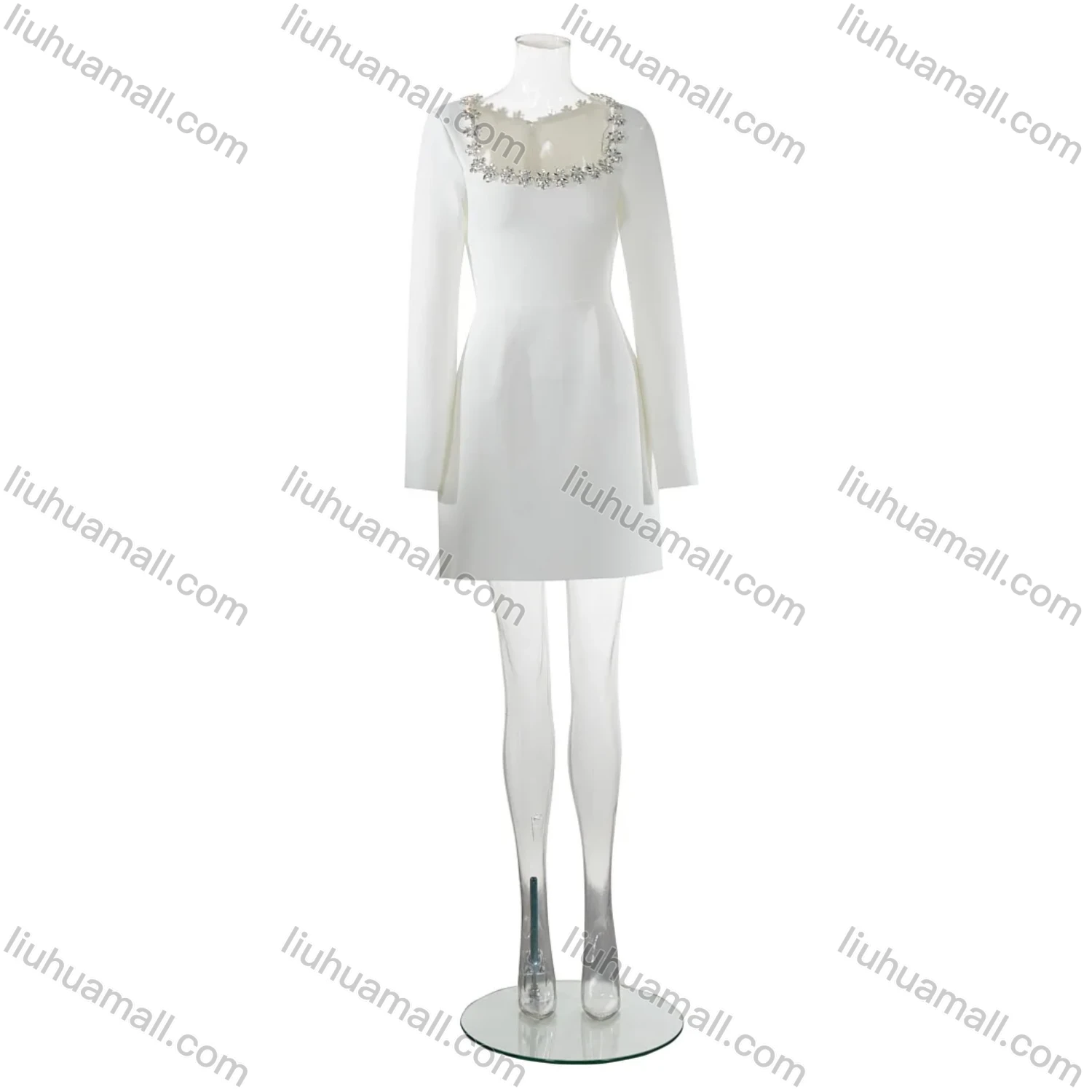 Wholesale Women's Elegant Plain Square Neck Sparkly Rhinestone Pleated Long Sleeve Cocktail Mini Dress - Liuhuamall