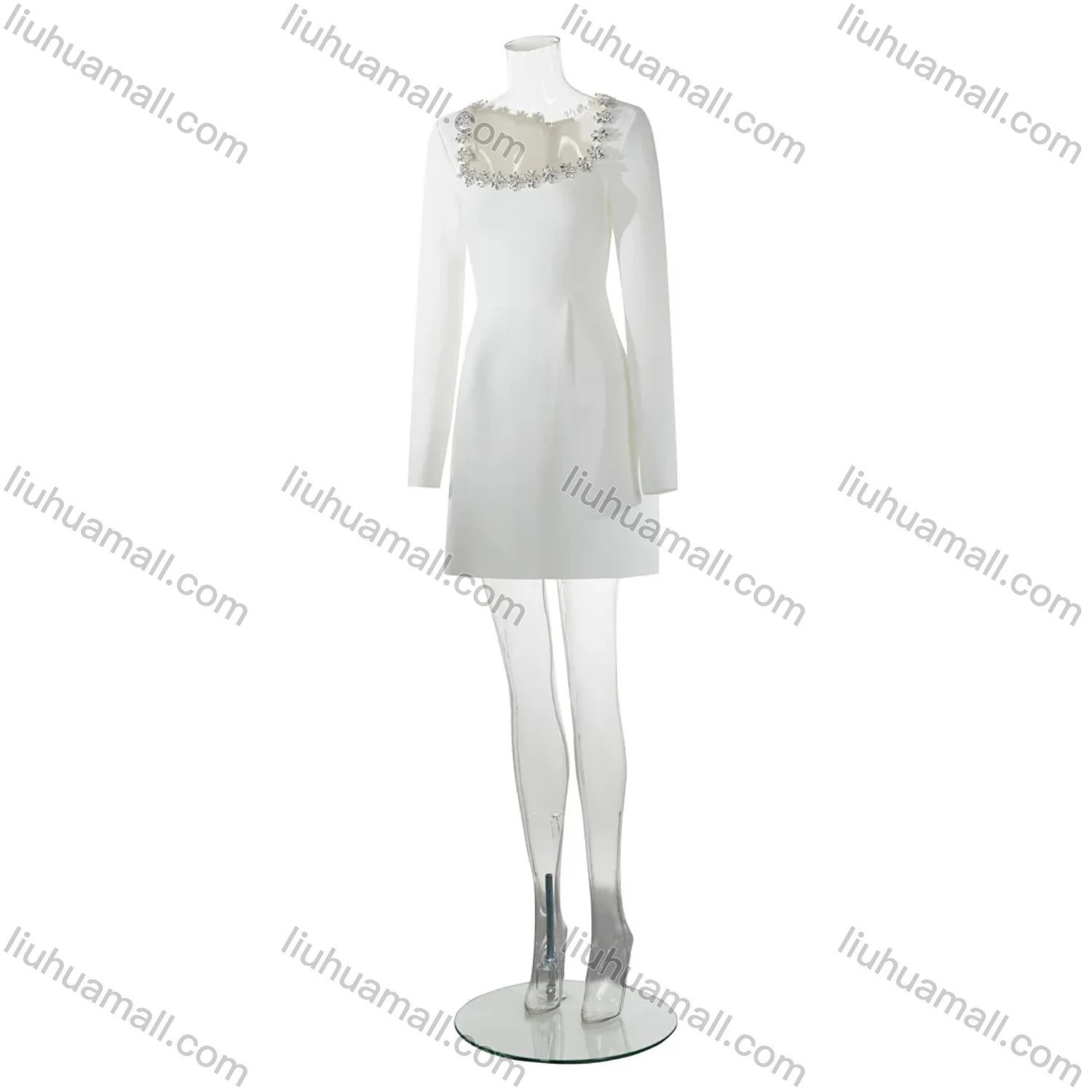 Wholesale Women's Elegant Plain Square Neck Sparkly Rhinestone Pleated Long Sleeve Cocktail Mini Dress - Liuhuamall