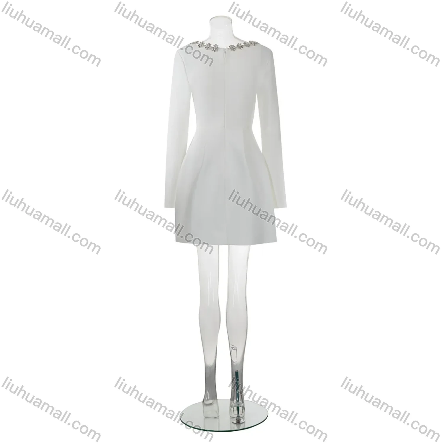 Wholesale Women's Elegant Plain Square Neck Sparkly Rhinestone Pleated Long Sleeve Cocktail Mini Dress - Liuhuamall
