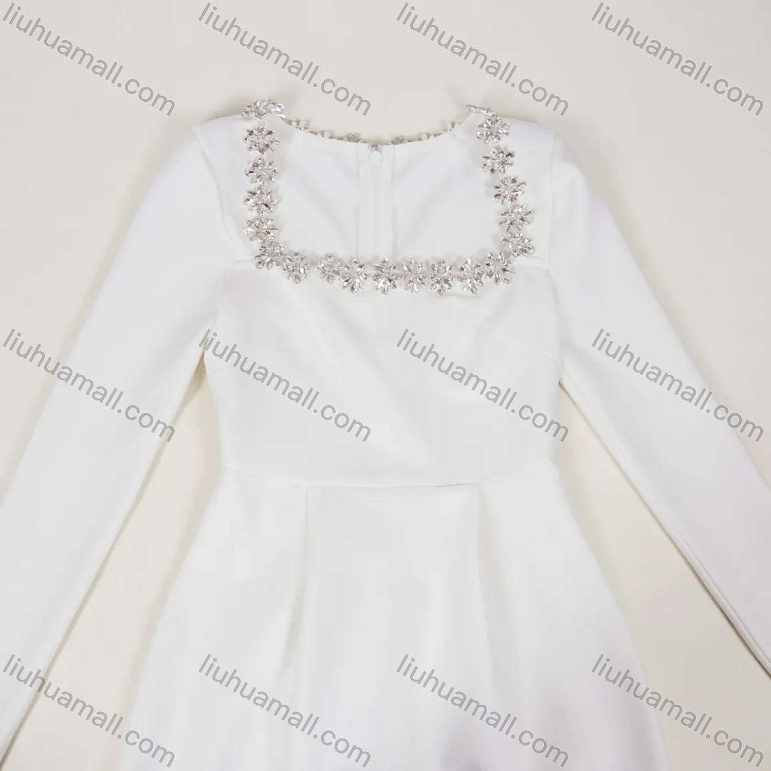 Wholesale Women's Elegant Plain Square Neck Sparkly Rhinestone Pleated Long Sleeve Cocktail Mini Dress - Liuhuamall