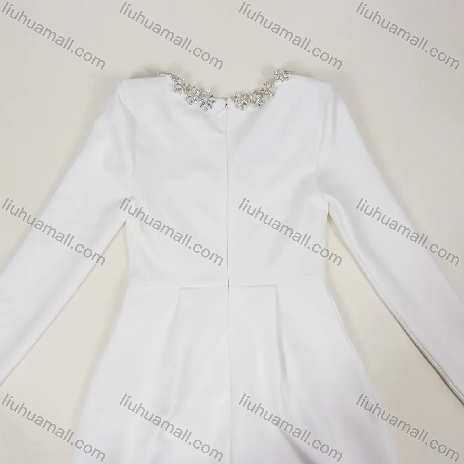 Wholesale Women's Elegant Plain Square Neck Sparkly Rhinestone Pleated Long Sleeve Cocktail Mini Dress - Liuhuamall