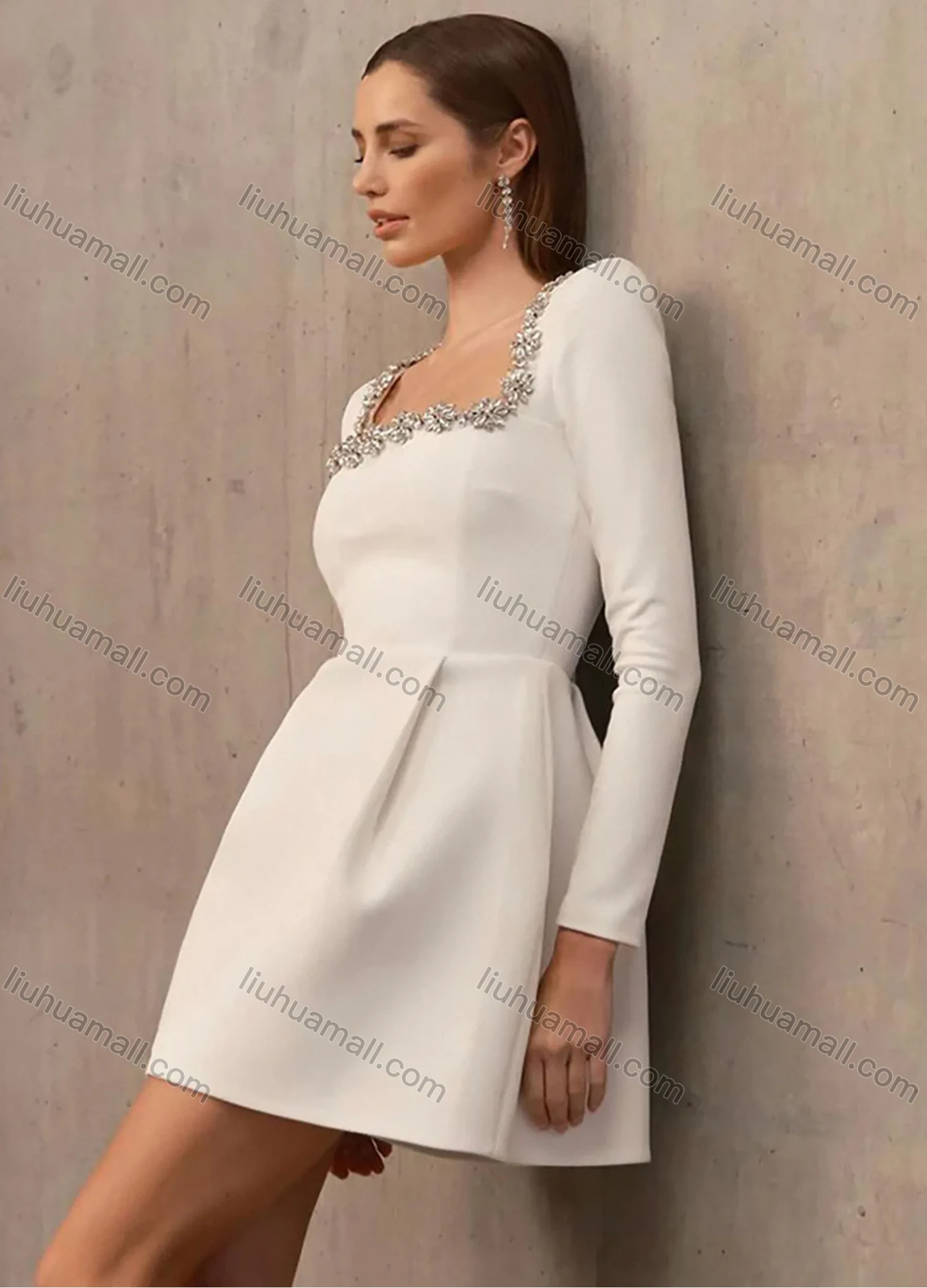 Wholesale Women's Elegant Plain Square Neck Sparkly Rhinestone Pleated Long Sleeve Cocktail Mini Dress - Liuhuamall