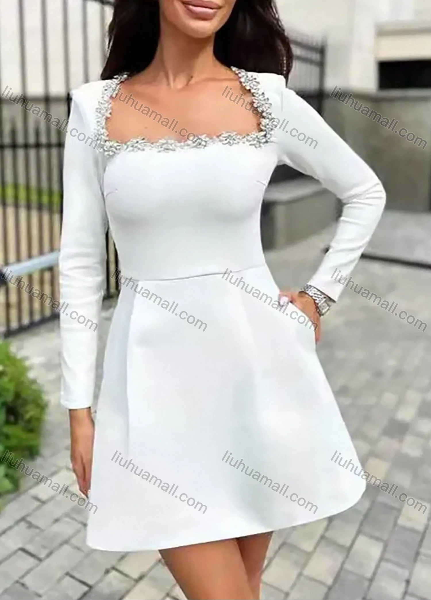 Wholesale Women's Elegant Plain Square Neck Sparkly Rhinestone Pleated Long Sleeve Cocktail Mini Dress - Liuhuamall