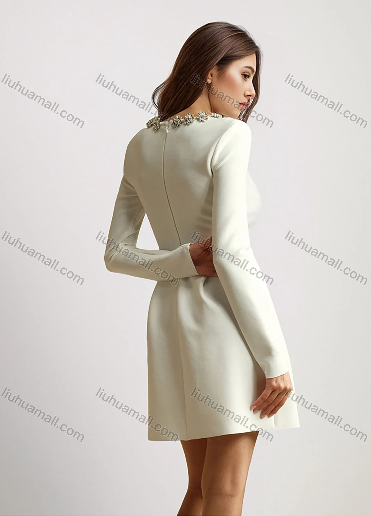 Wholesale Women's Elegant Plain Square Neck Sparkly Rhinestone Pleated Long Sleeve Cocktail Mini Dress - Liuhuamall
