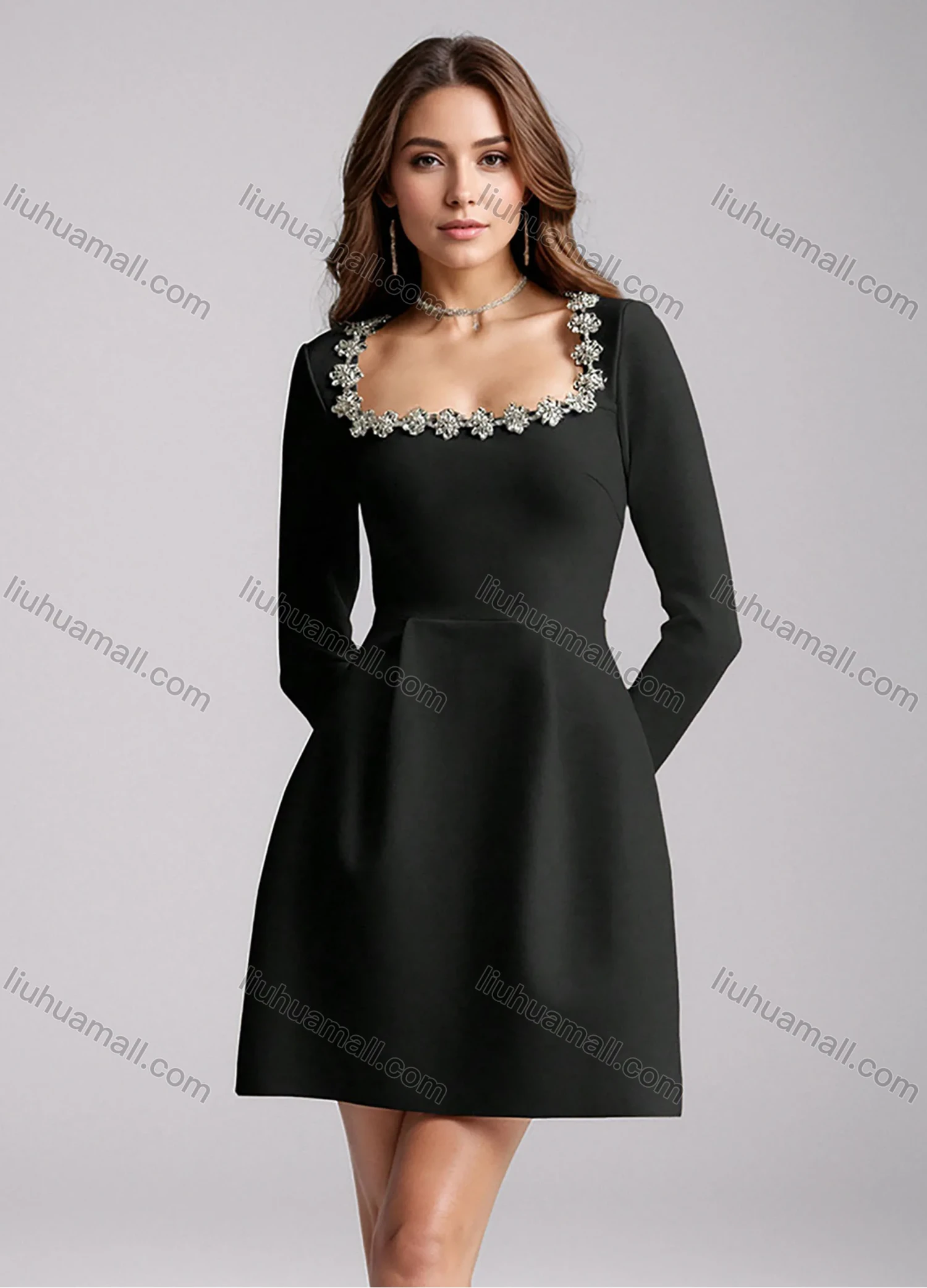 Wholesale Women's Elegant Plain Square Neck Sparkly Rhinestone Pleated Long Sleeve Cocktail Mini Dress - Liuhuamall
