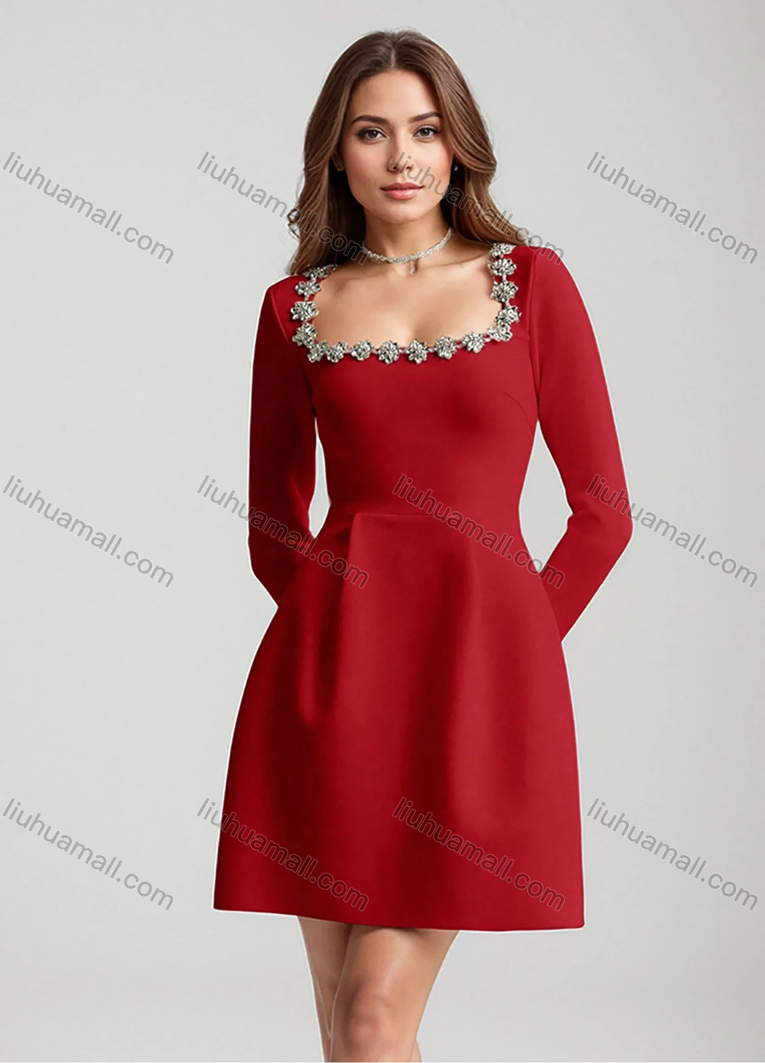 Wholesale Women's Elegant Plain Square Neck Sparkly Rhinestone Pleated Long Sleeve Cocktail Mini Dress - Liuhuamall