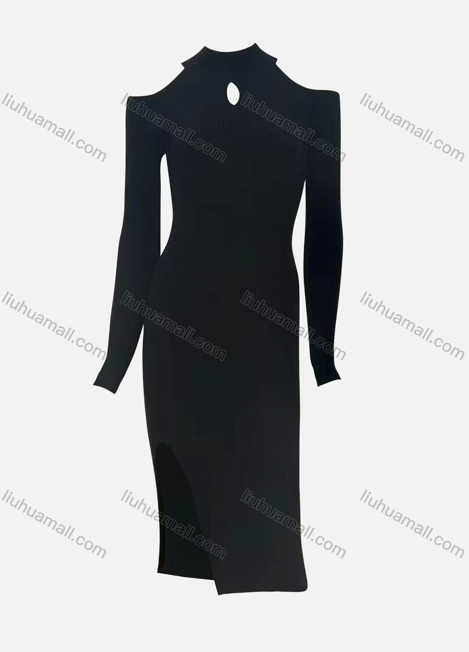 Wholesale Women's Elegant Plain Crew Neck Cut Out Cold Shoulder Long Sleeve Split Side High Waist Dress - Liuhuamall