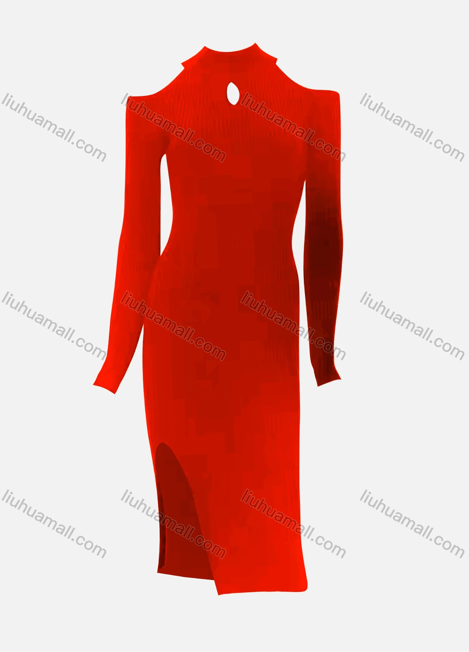 Wholesale Women's Elegant Plain Crew Neck Cut Out Cold Shoulder Long Sleeve Split Side High Waist Dress - Liuhuamall