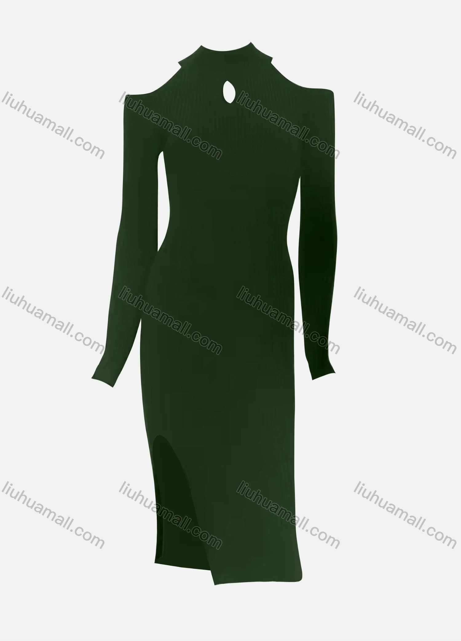 Wholesale Women's Elegant Plain Crew Neck Cut Out Cold Shoulder Long Sleeve Split Side High Waist Dress - Liuhuamall