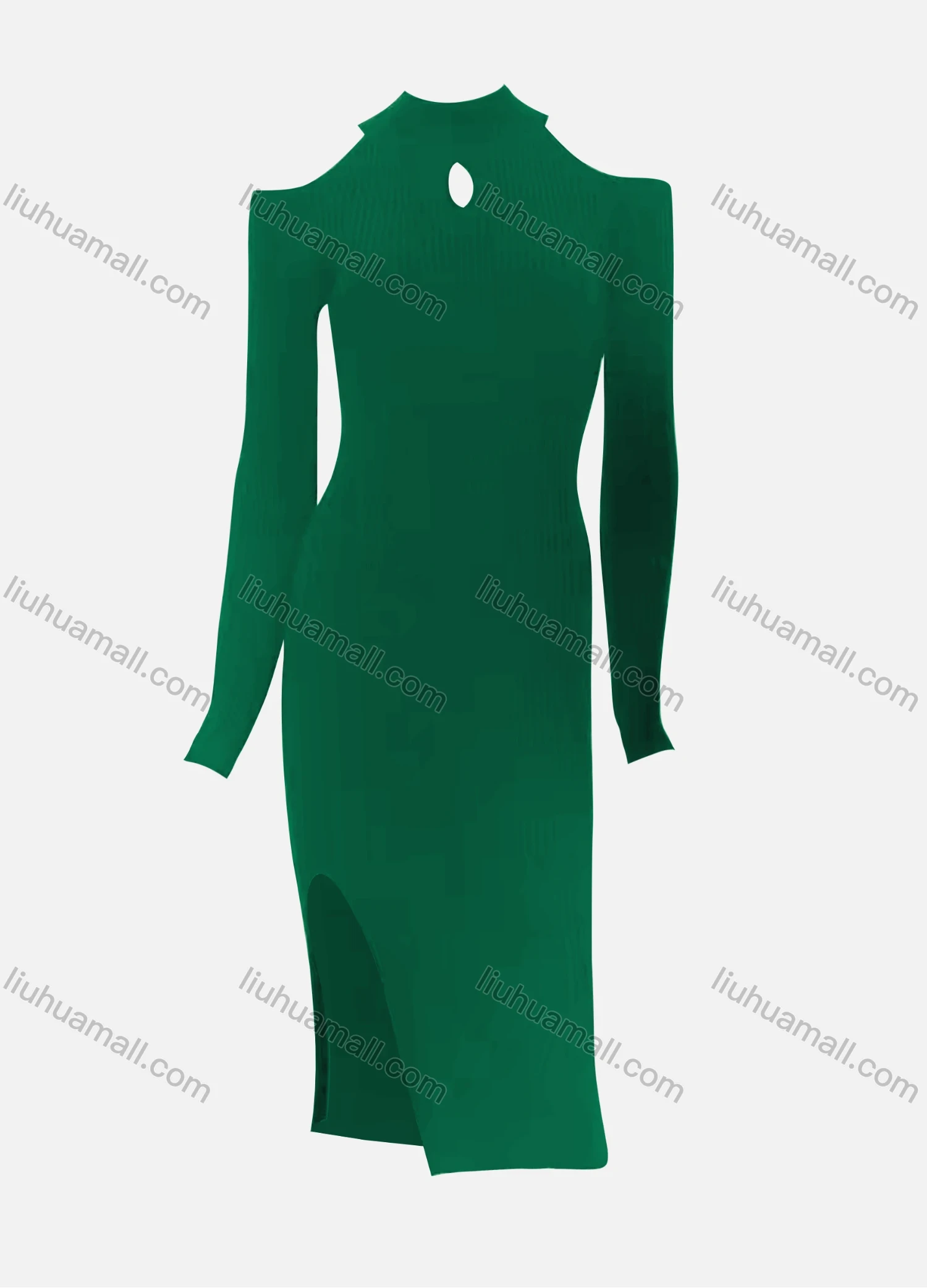 Wholesale Women's Elegant Plain Crew Neck Cut Out Cold Shoulder Long Sleeve Split Side High Waist Dress - Liuhuamall