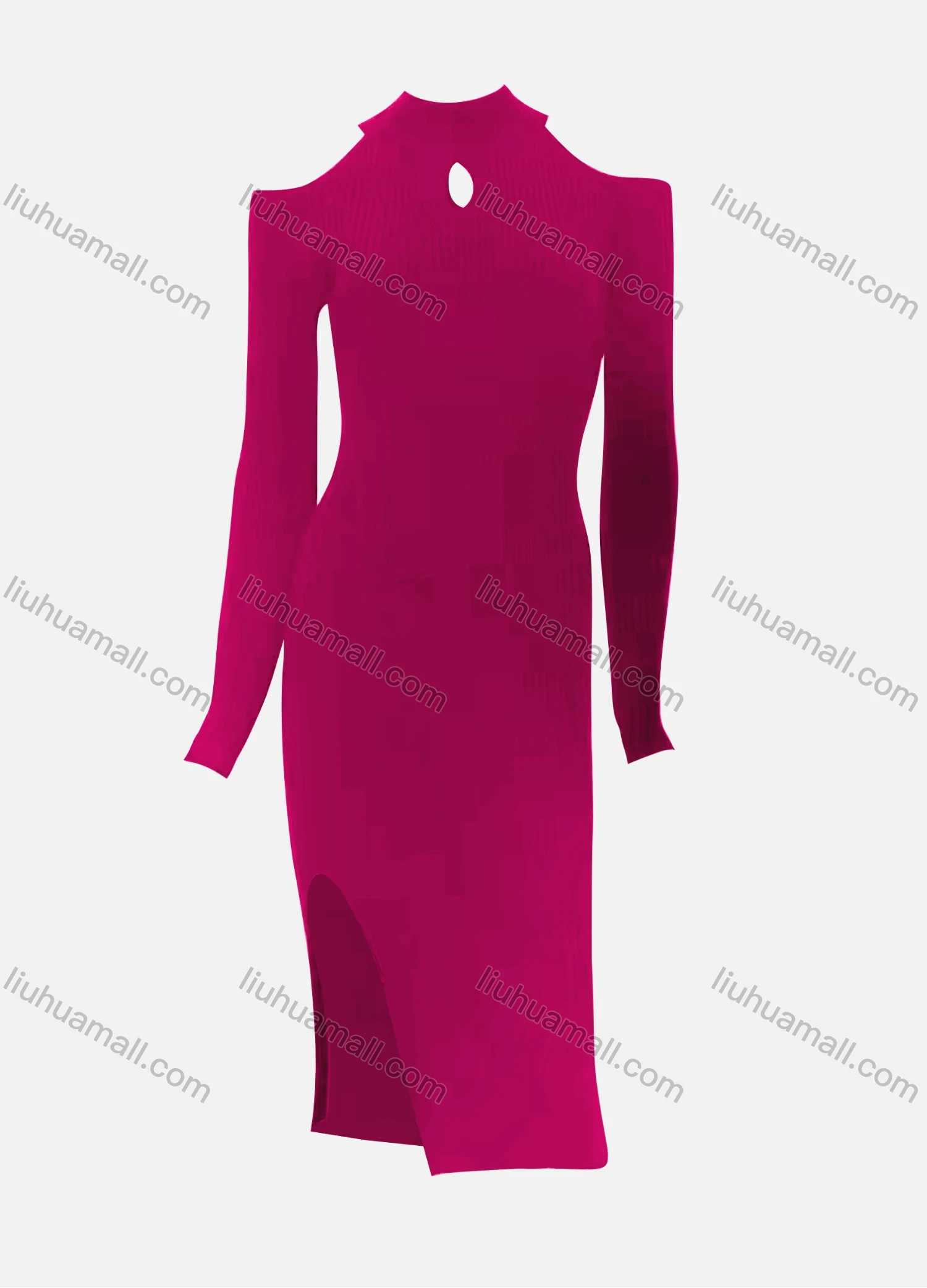 Wholesale Women's Elegant Plain Crew Neck Cut Out Cold Shoulder Long Sleeve Split Side High Waist Dress - Liuhuamall