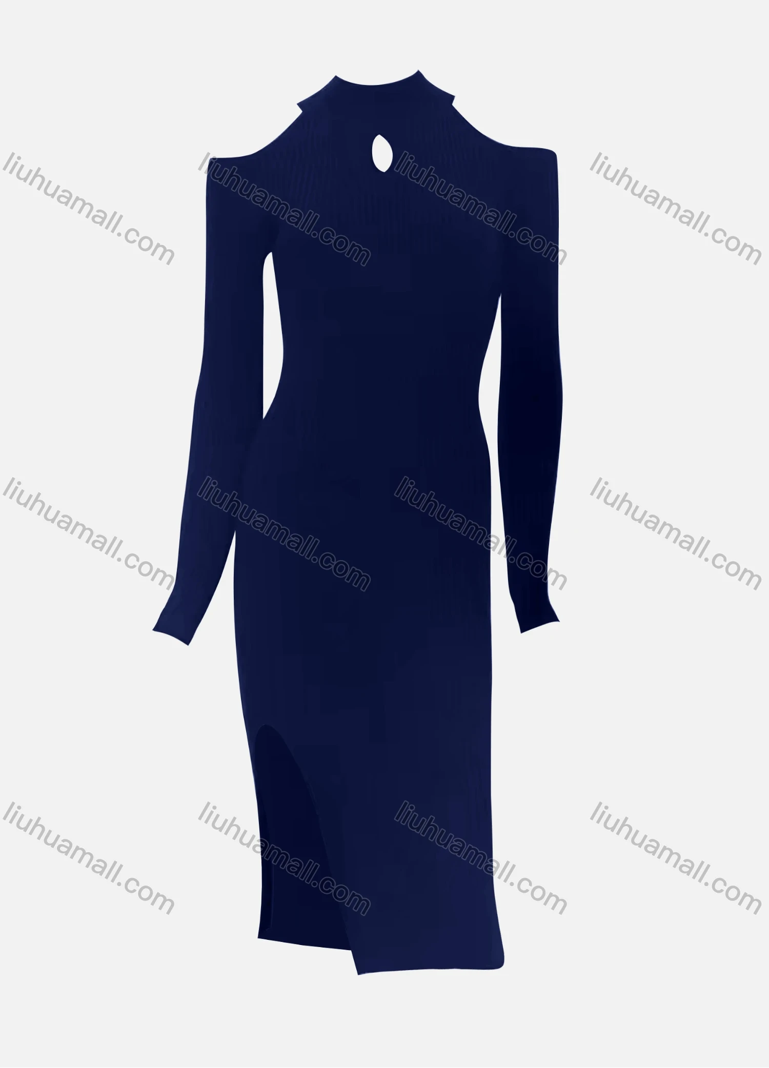 Wholesale Women's Elegant Plain Crew Neck Cut Out Cold Shoulder Long Sleeve Split Side High Waist Dress - Liuhuamall