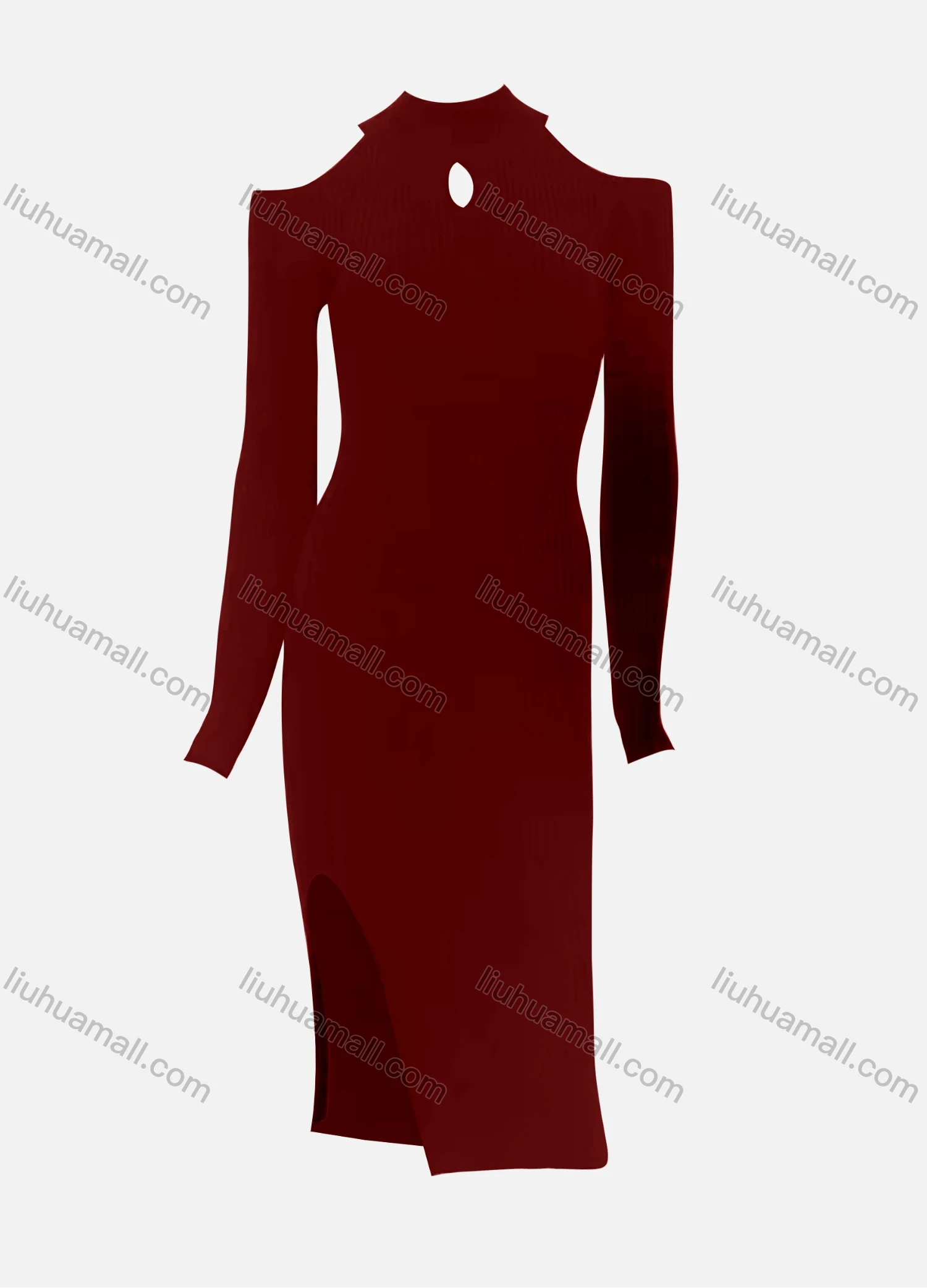 Wholesale Women's Elegant Plain Crew Neck Cut Out Cold Shoulder Long Sleeve Split Side High Waist Dress - Liuhuamall