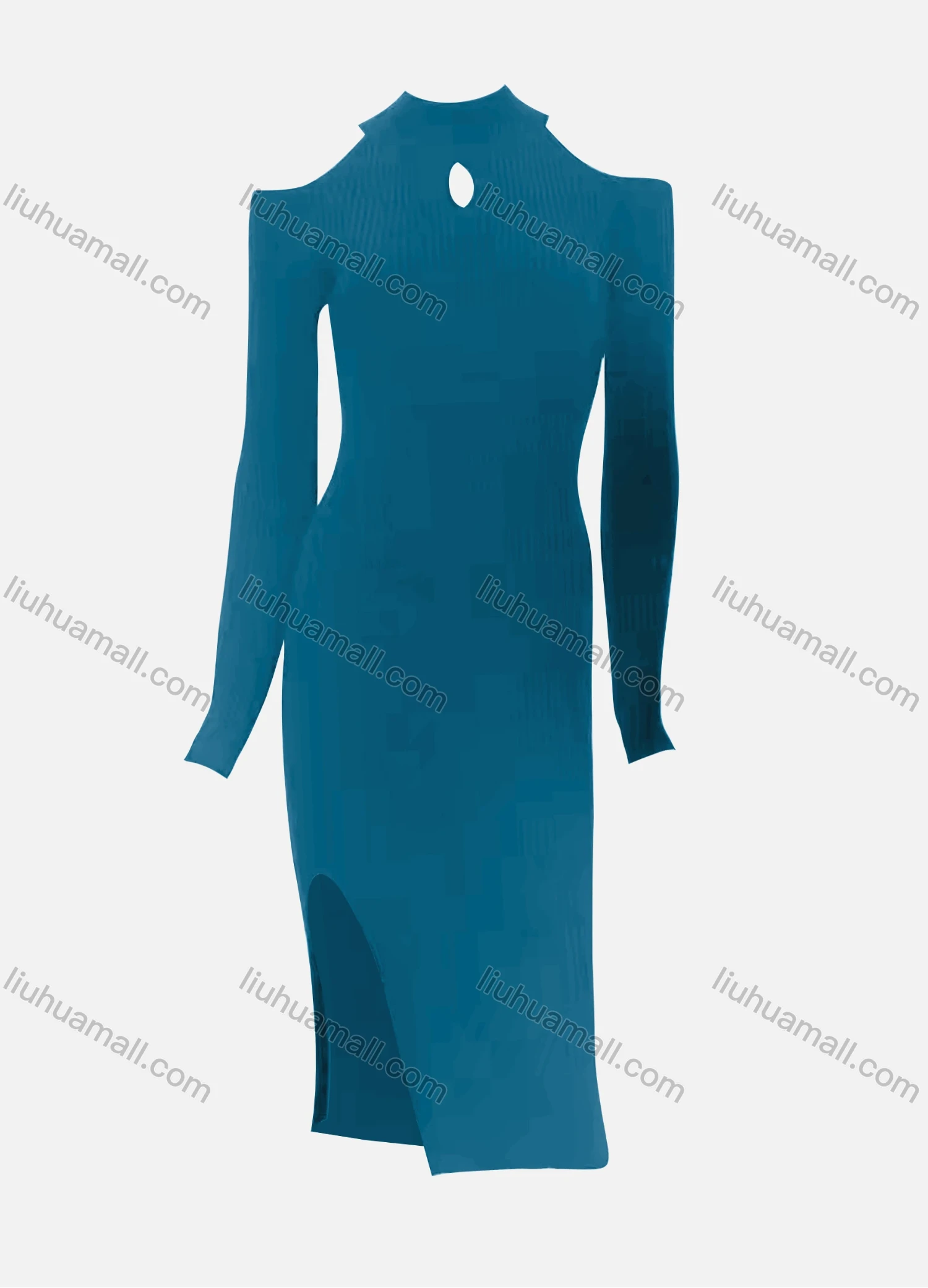Wholesale Women's Elegant Plain Crew Neck Cut Out Cold Shoulder Long Sleeve Split Side High Waist Dress - Liuhuamall