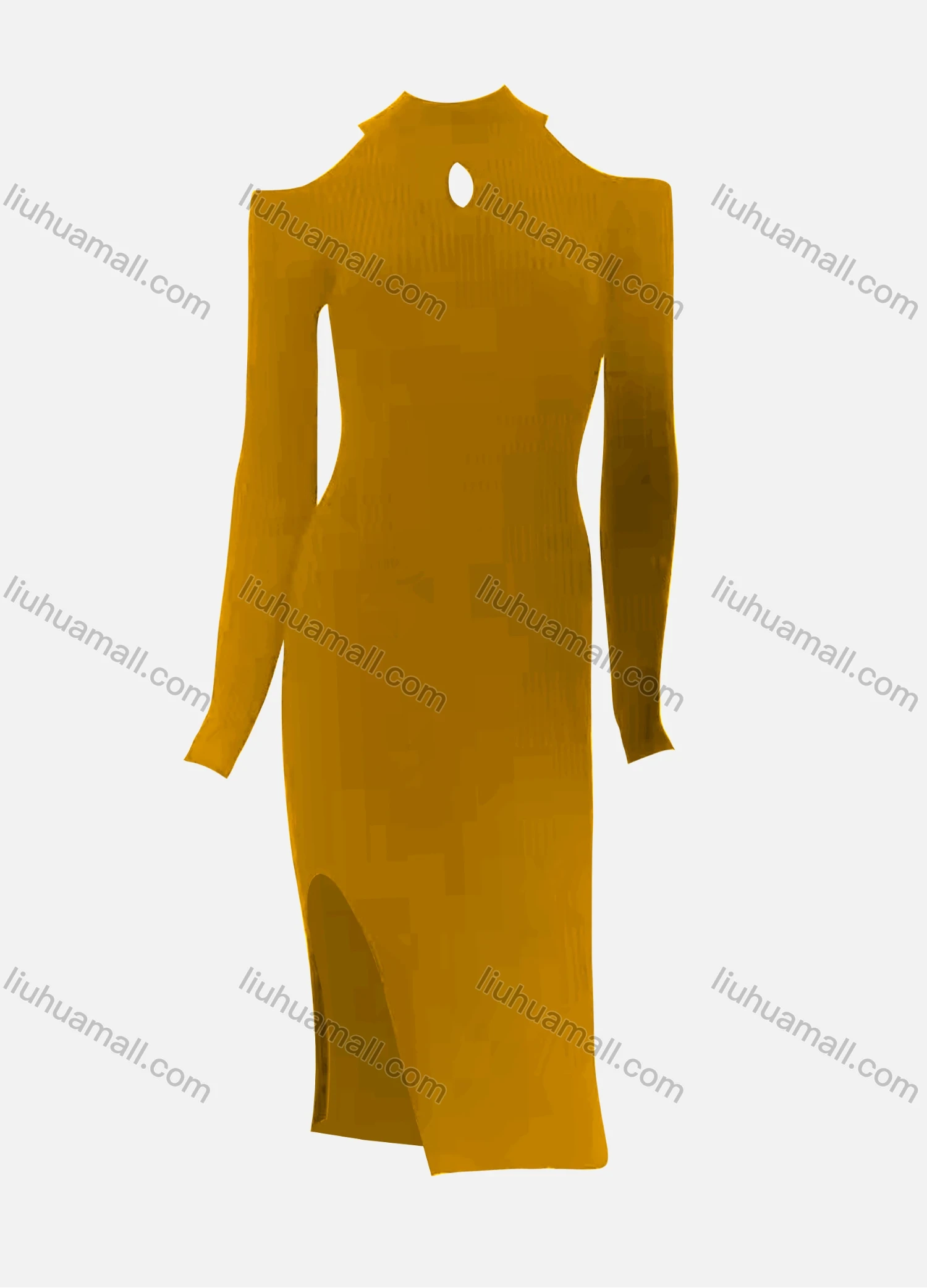 Wholesale Women's Elegant Plain Crew Neck Cut Out Cold Shoulder Long Sleeve Split Side High Waist Dress - Liuhuamall