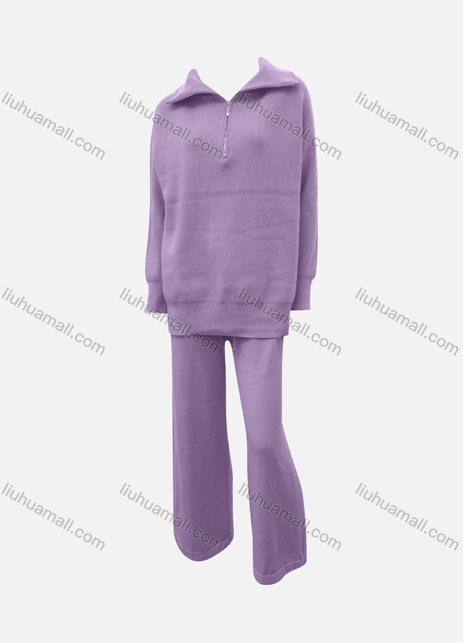 Wholesale Women's Casual Plain Quarter Zip Pullover Sweatshirt & Pants 2-Piece Set - Liuhuamall