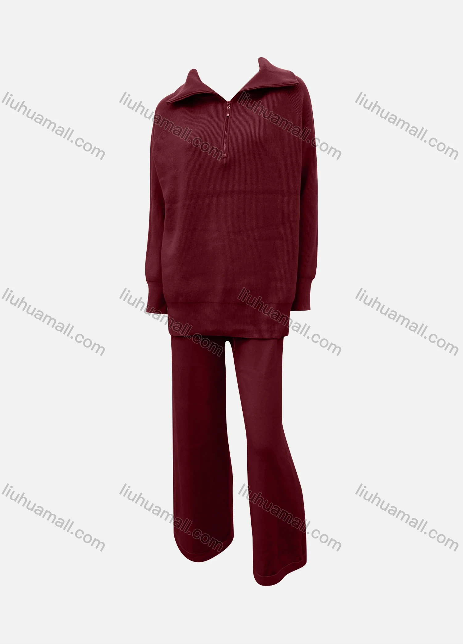 Wholesale Women's Casual Plain Quarter Zip Pullover Sweatshirt & Pants 2-Piece Set - Liuhuamall