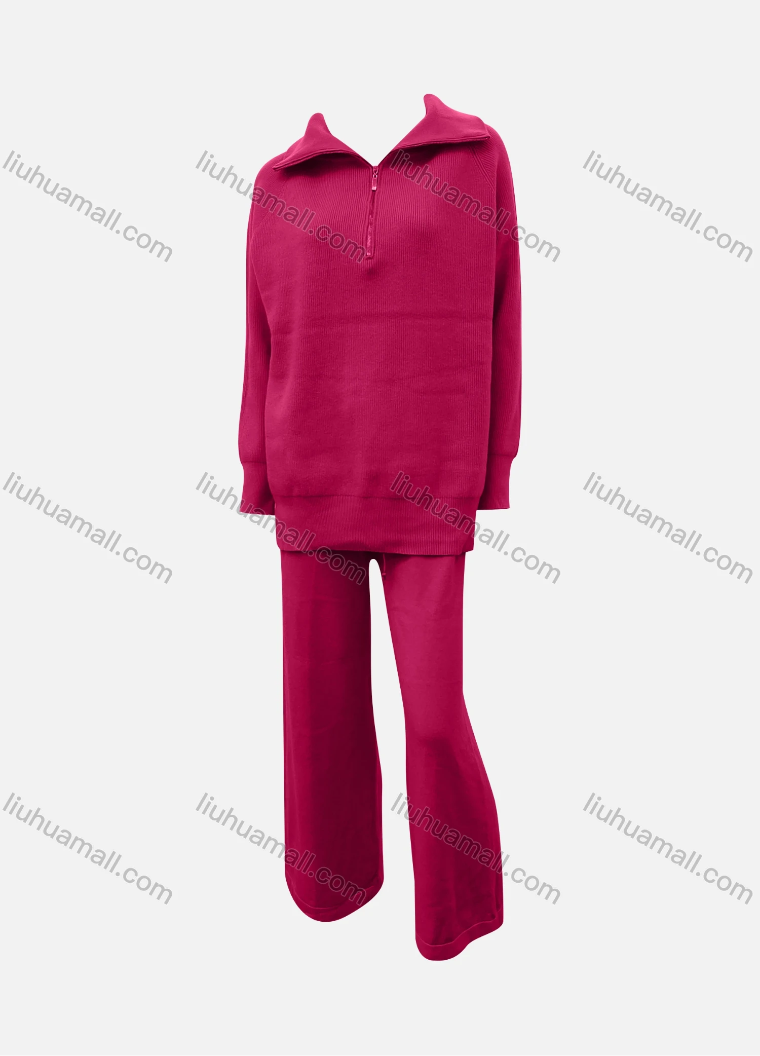 Wholesale Women's Casual Plain Quarter Zip Pullover Sweatshirt & Pants 2-Piece Set - Liuhuamall