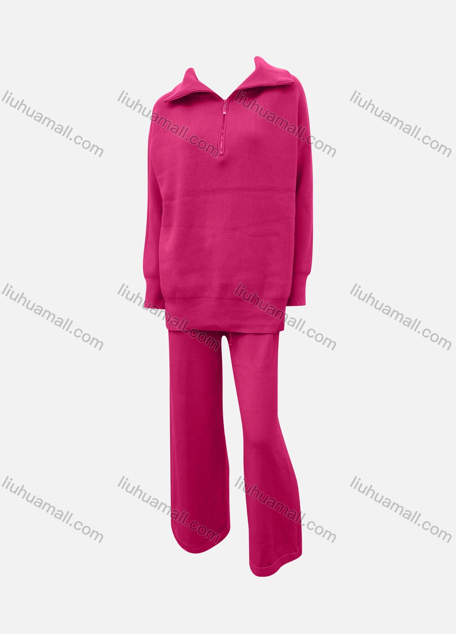 Wholesale Women's Casual Plain Quarter Zip Pullover Sweatshirt & Pants 2-Piece Set - Liuhuamall