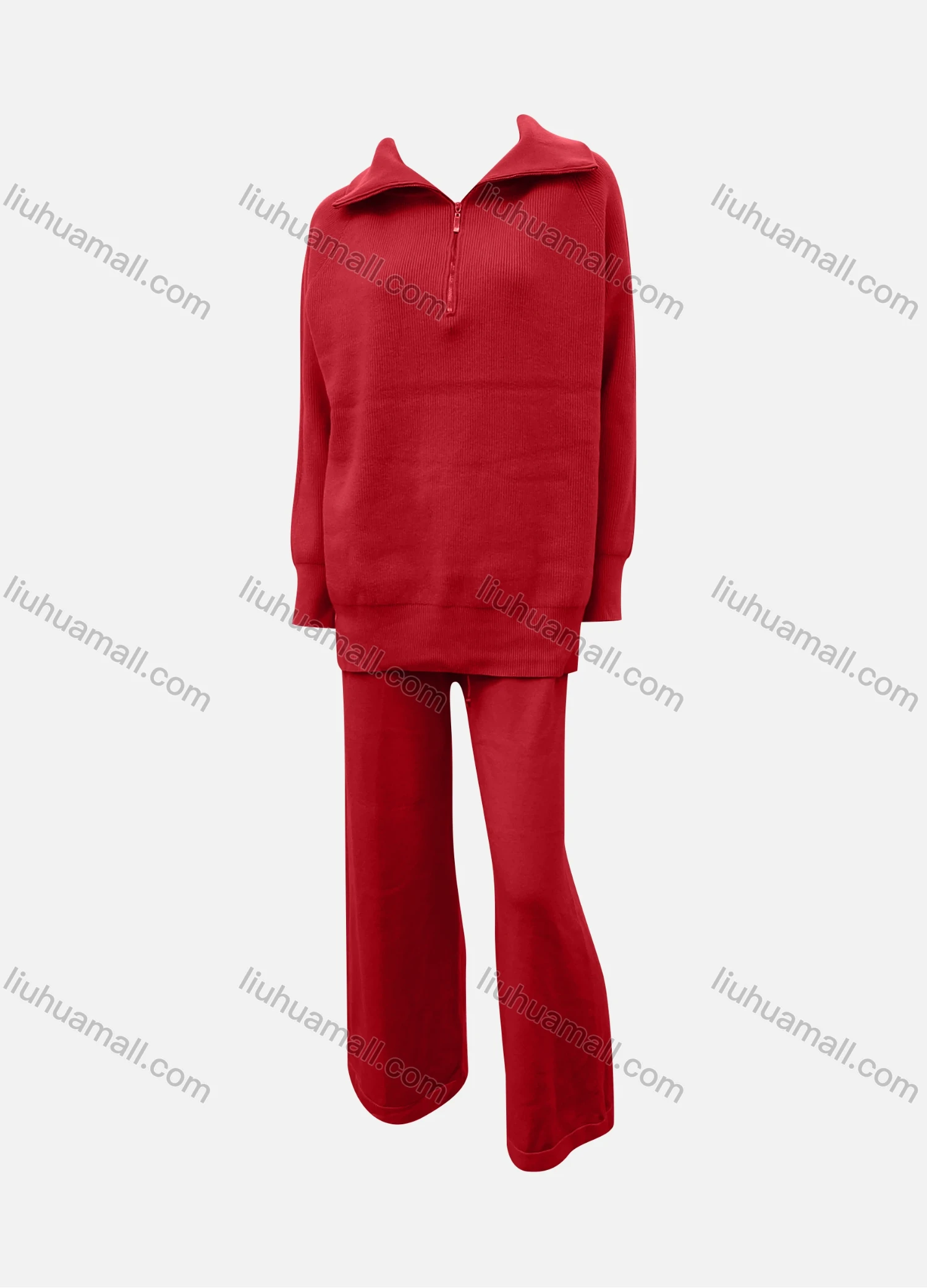 Wholesale Women's Casual Plain Quarter Zip Pullover Sweatshirt & Pants 2-Piece Set - Liuhuamall