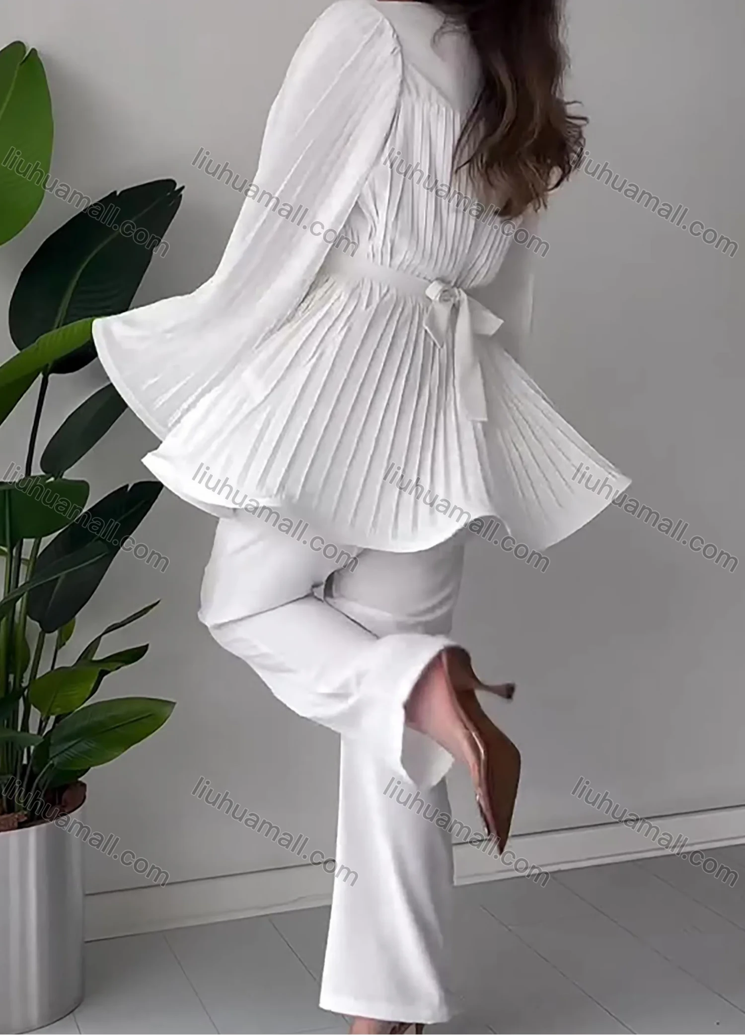 Wholesale Women's Elegant Flared Long Sleeve Round Neck Pleated Lace Up Swing Top & Wide Leg Pant 2 Piece Sets - Liuhuamall