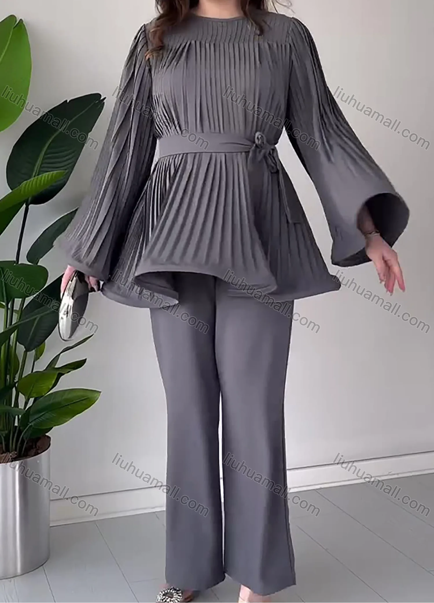 Wholesale Women's Elegant Flared Long Sleeve Round Neck Pleated Lace Up Swing Top & Wide Leg Pant 2 Piece Sets - Liuhuamall