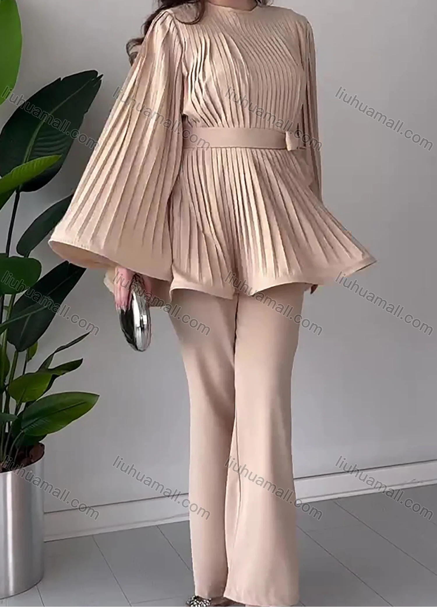Wholesale Women's Elegant Flared Long Sleeve Round Neck Pleated Lace Up Swing Top & Wide Leg Pant 2 Piece Sets - Liuhuamall
