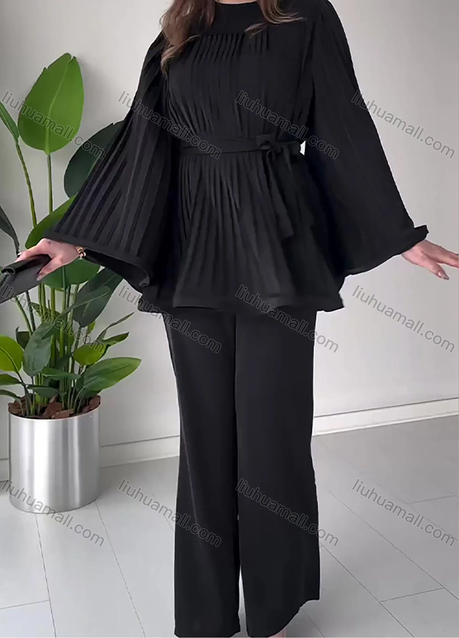 Wholesale Women's Elegant Flared Long Sleeve Round Neck Pleated Lace Up Swing Top & Wide Leg Pant 2 Piece Sets - Liuhuamall