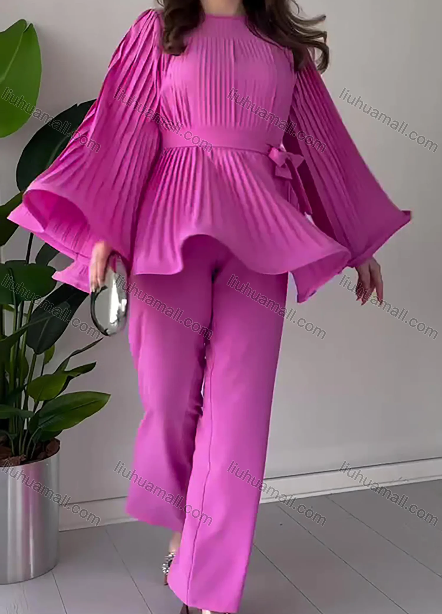 Wholesale Women's Elegant Flared Long Sleeve Round Neck Pleated Lace Up Swing Top & Wide Leg Pant 2 Piece Sets - Liuhuamall