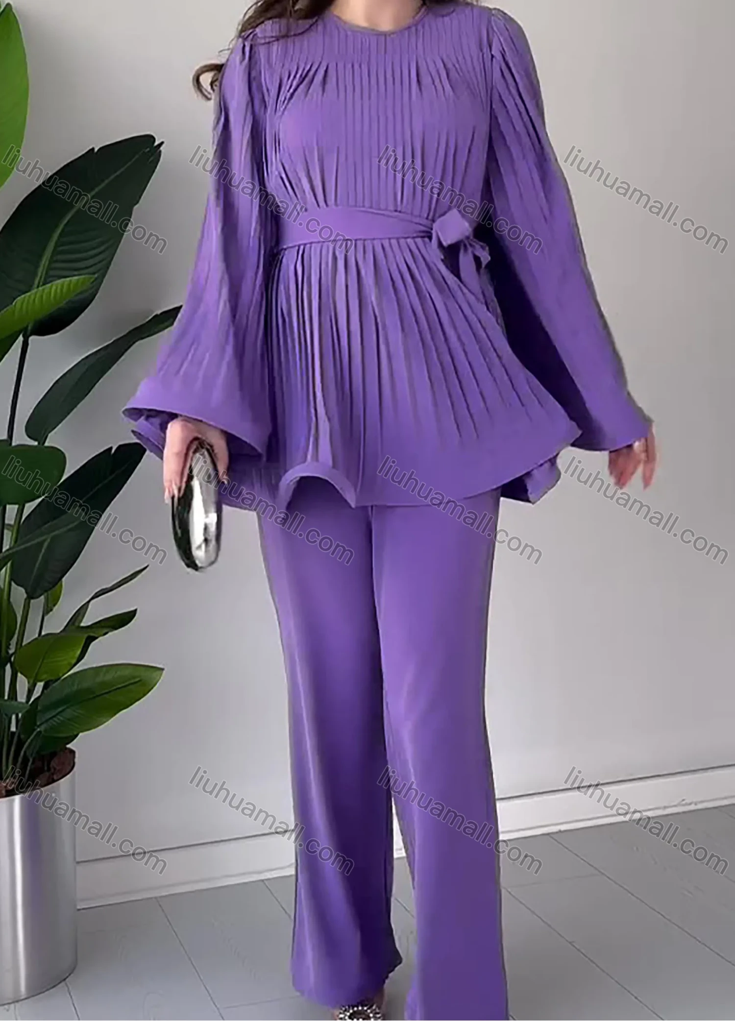 Wholesale Women's Elegant Flared Long Sleeve Round Neck Pleated Lace Up Swing Top & Wide Leg Pant 2 Piece Sets - Liuhuamall