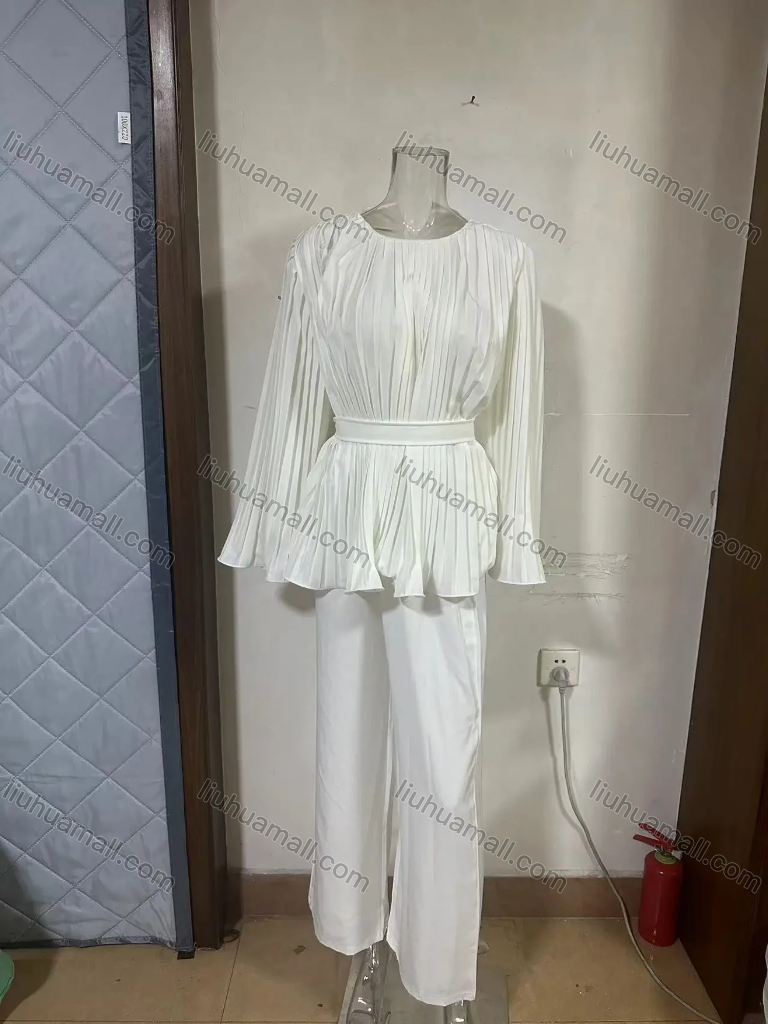 Wholesale Women's Elegant Flared Long Sleeve Round Neck Pleated Lace Up Swing Top & Wide Leg Pant 2 Piece Sets - Liuhuamall