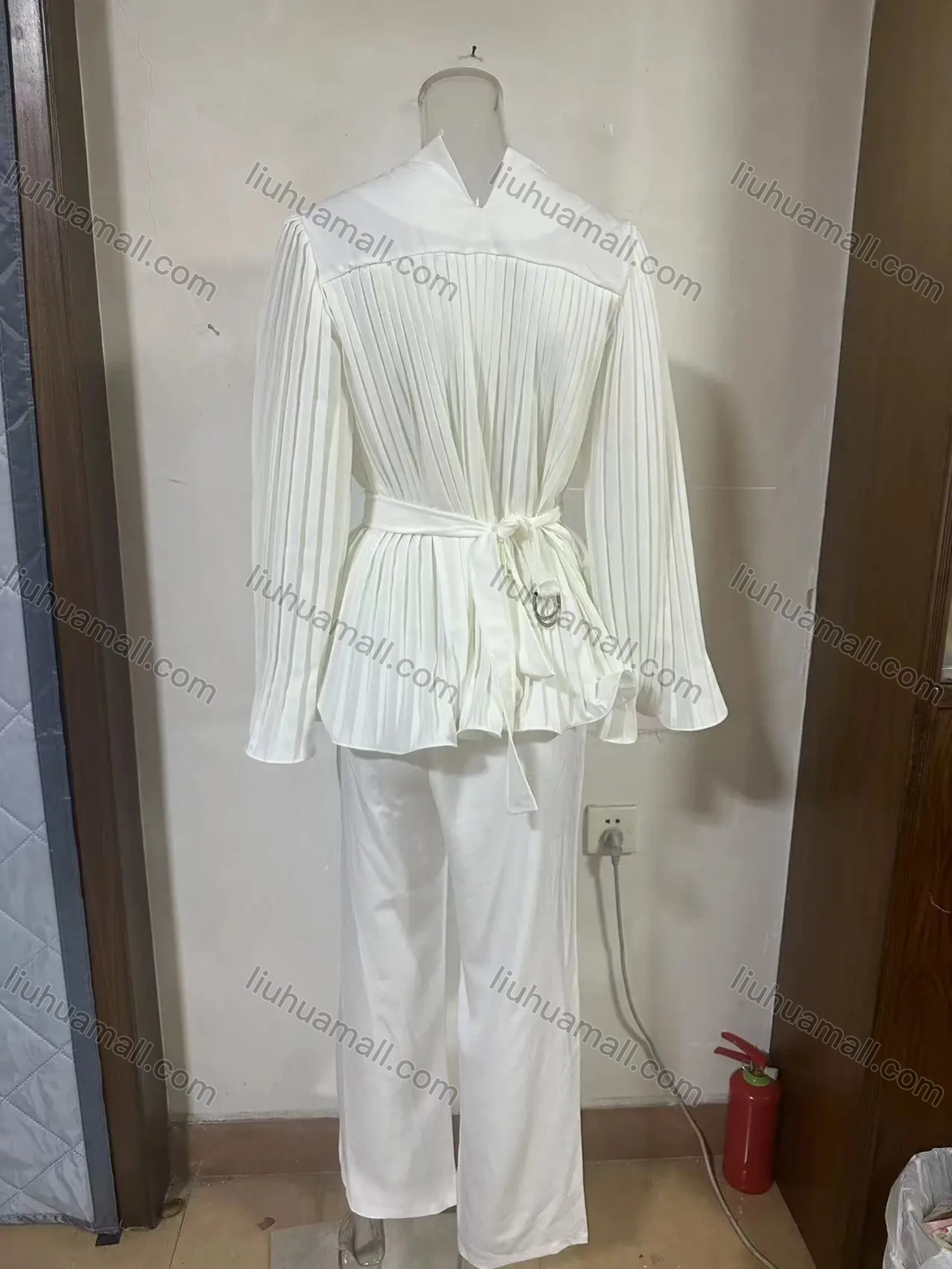 Wholesale Women's Elegant Flared Long Sleeve Round Neck Pleated Lace Up Swing Top & Wide Leg Pant 2 Piece Sets - Liuhuamall