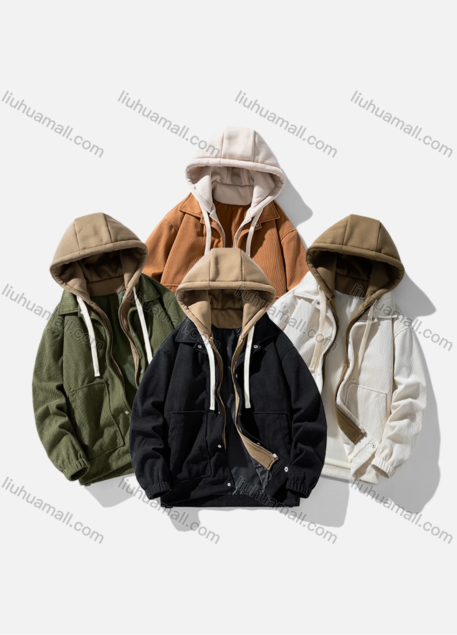Wholesale Unisex Long Sleeve Corduroy Full Zip 2 in 1 Button Down Outdoor Hooded Jacket 6-2311# - Liuhuamall