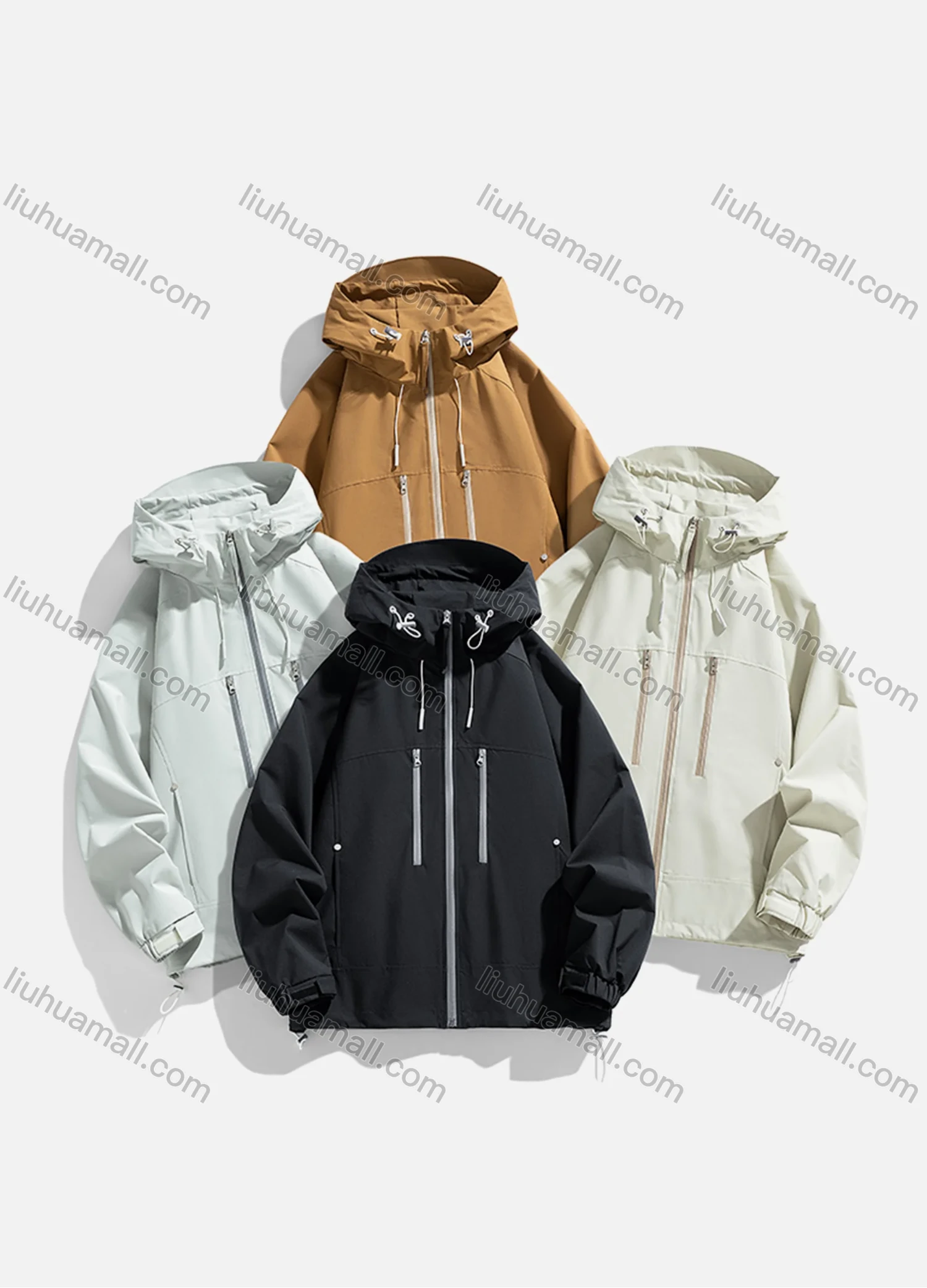 Wholesale Unisex Casual Plain Windproof Long Sleeve Zip Up Patch Pocket Hooded Drawstring Windbreaker Jacket 6-2698# - Liuhuamall