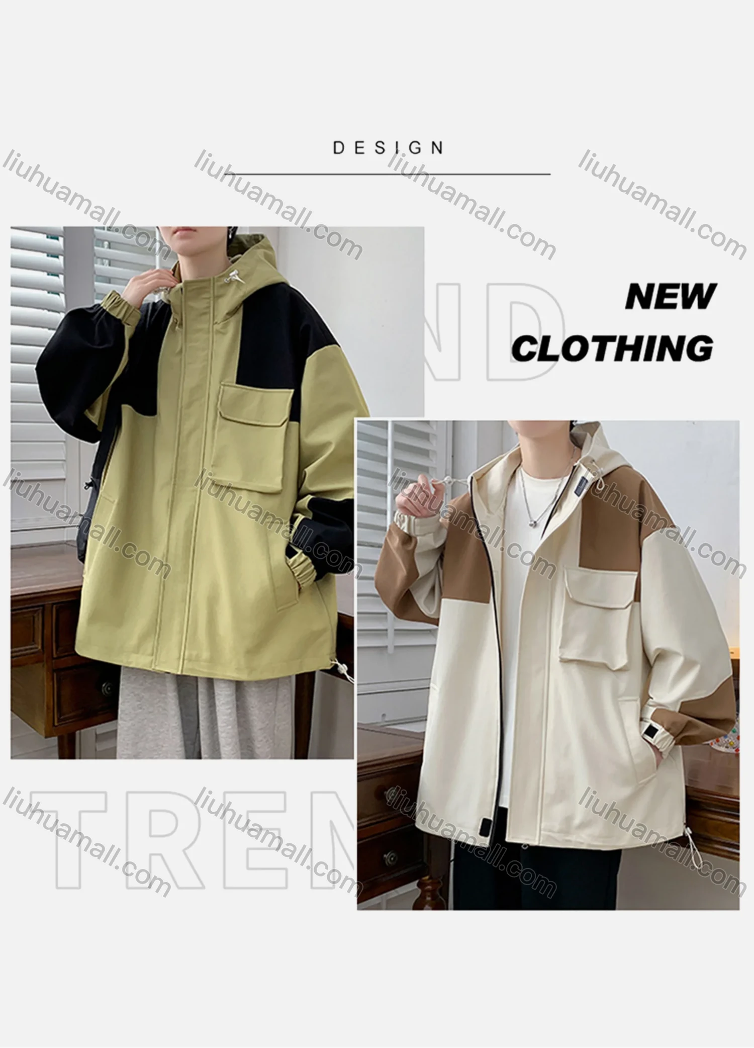 Wholesale Unisex Outdoor Colorblock Contrast Windproof Long Sleeve Flap Pockets Hooded Windbreaker Jacket B1978# - Liuhuamall