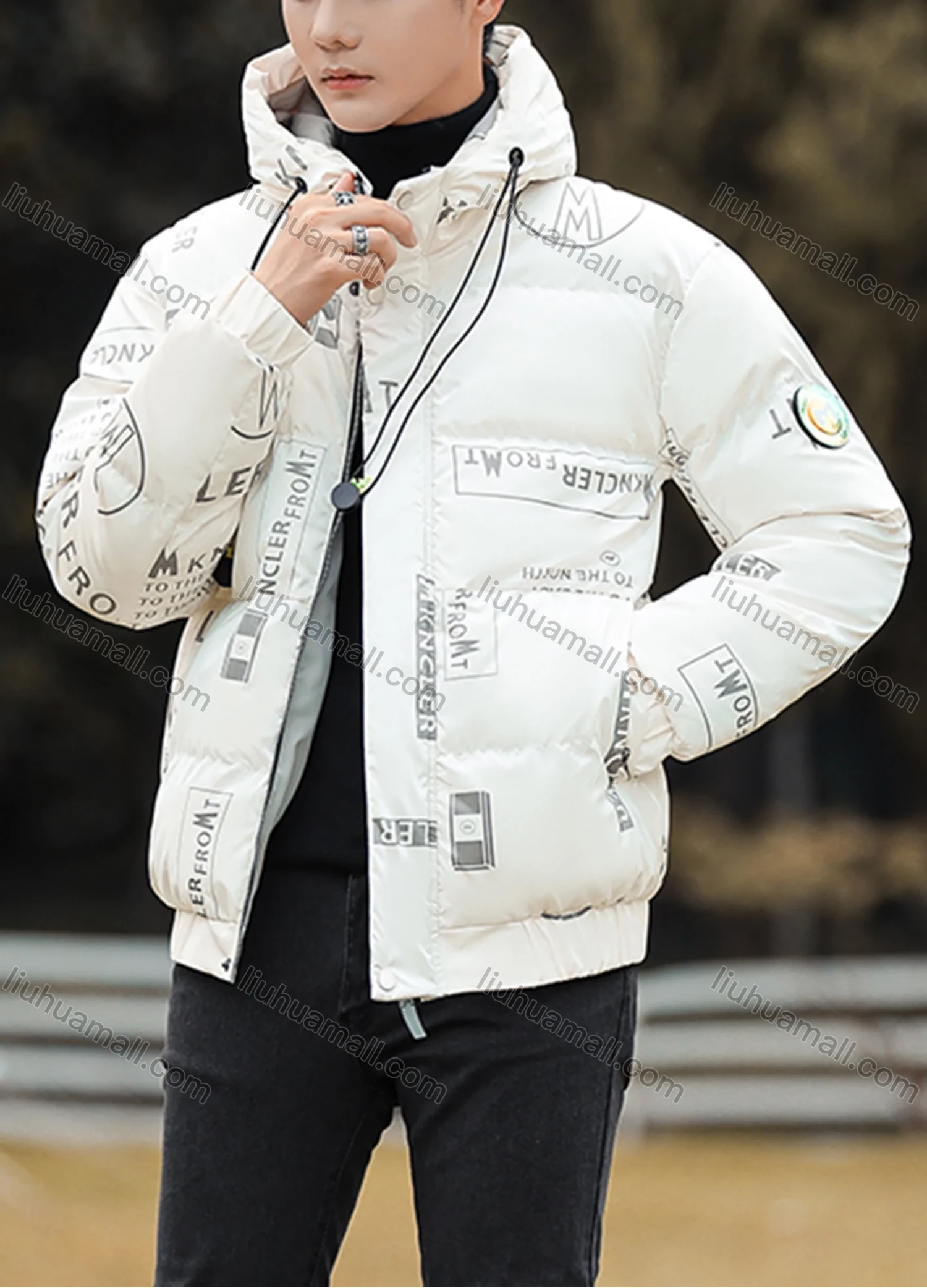 Wholesale Men's Casual Letter Hooded Patch Pocket Drawstring Thermal Lined Cotton-Padded Puffer Jacket 6-2219# - Liuhuamall