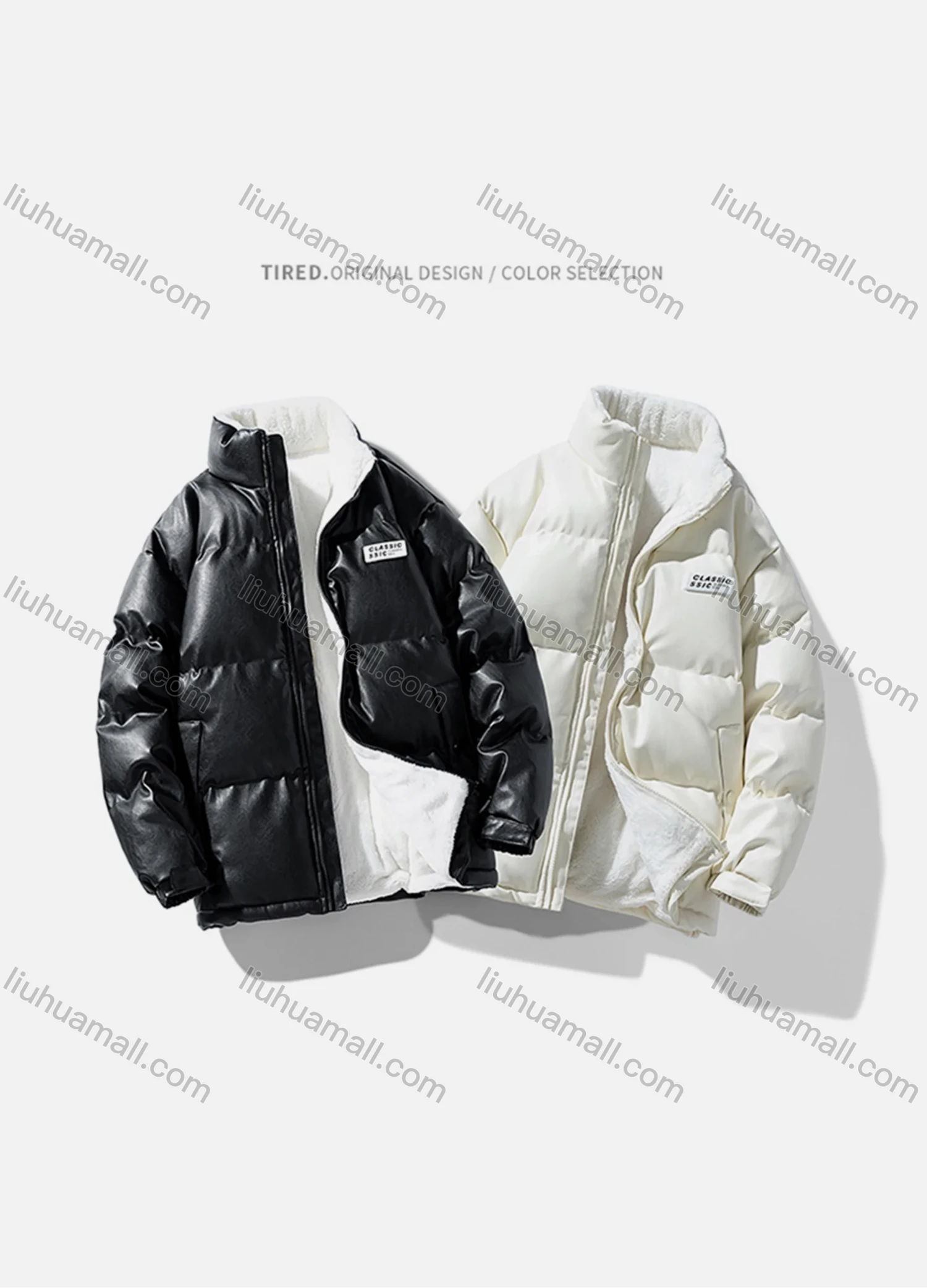 Wholesale Men's Fashion Plain Zip Up Patch Pocket Stand Collar PU Leather Cotton-Padded Puffer Jacket 6-2368# - Liuhuamall