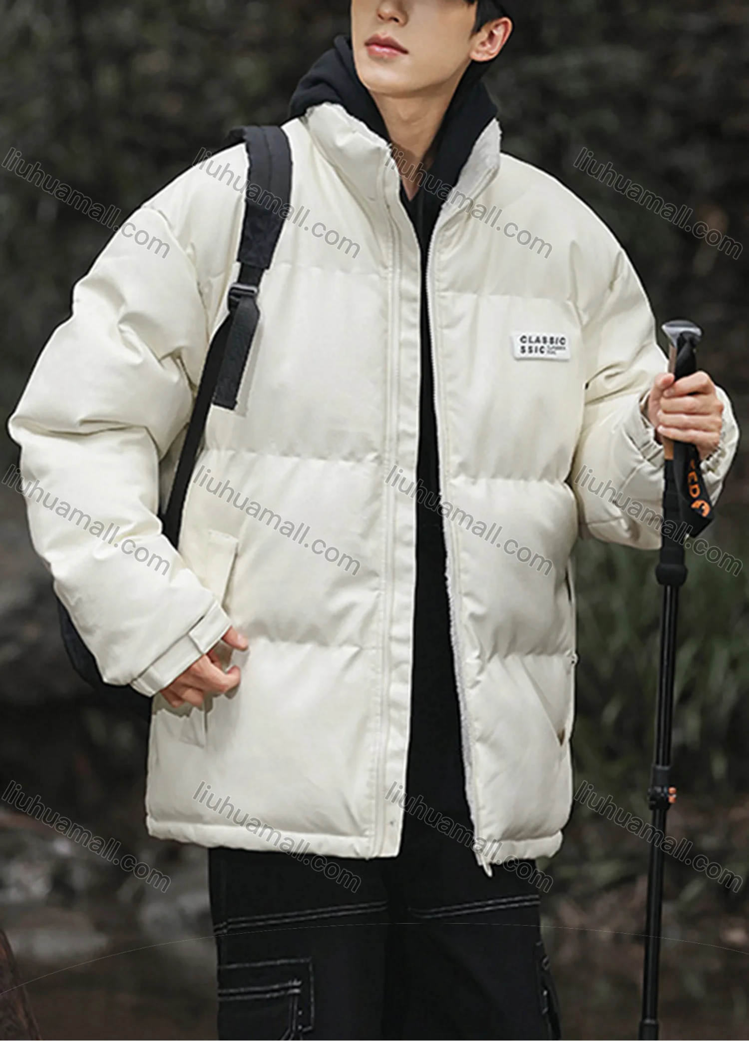 Wholesale Men's Fashion Plain Zip Up Patch Pocket Stand Collar PU Leather Cotton-Padded Puffer Jacket 6-2368# - Liuhuamall